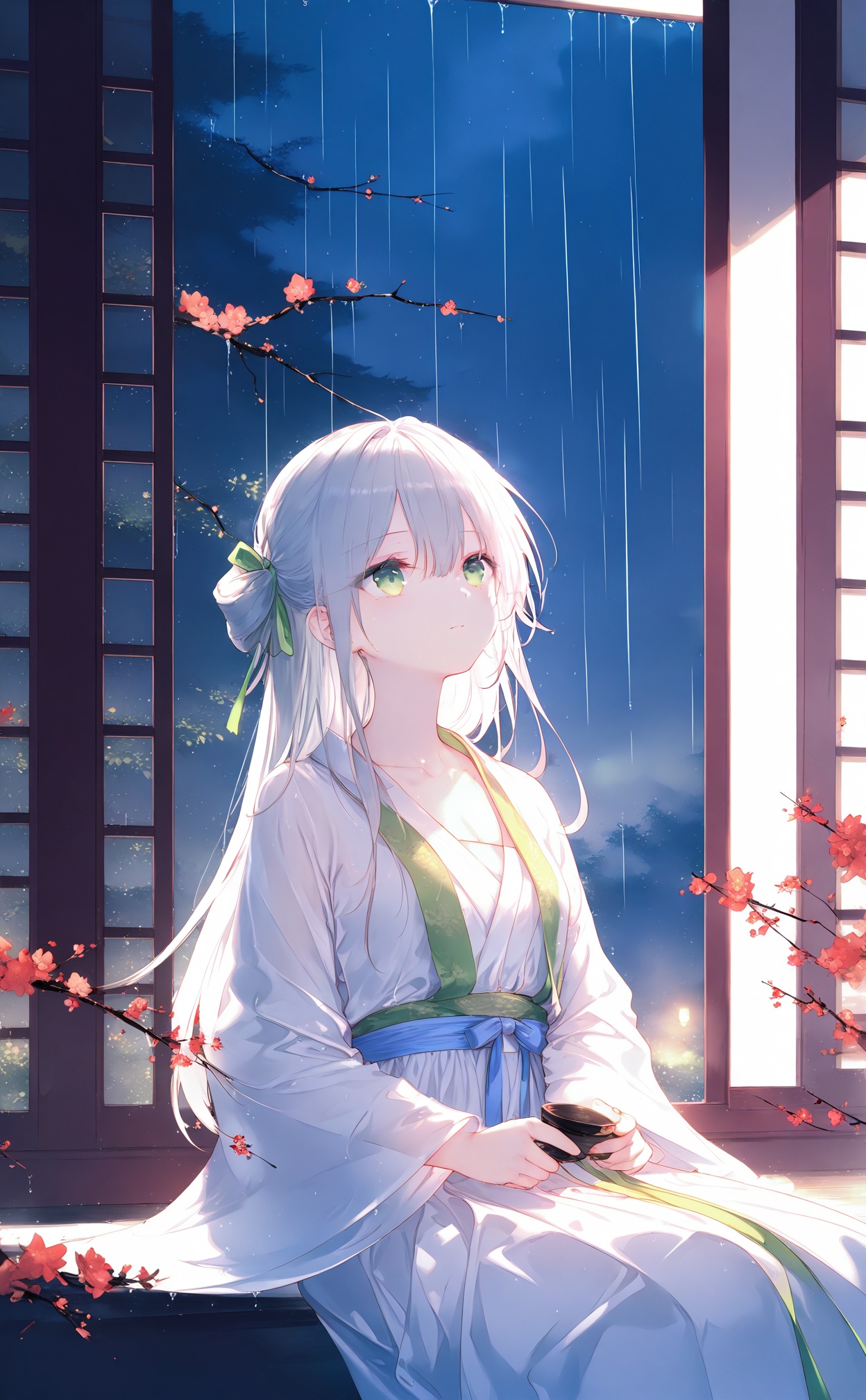 masterpiece,best quality,high quality,(colorful),[Artist toosaka asagi],[[[Artist wlop]]],[Artist chen bin],[Artist omone hokoma agm],Artist hiten (hitenkei),loli,Artist:CyanAutumn,hanfu,1girl,solo,green eyes,chinese clothes,rain,flower,window,night,wide sleeves,ribbon,long sleeves,grey hair,long hair,hair ribbon,indoors,branch,collarbone,looking up,holding,sitting,closed mouth,