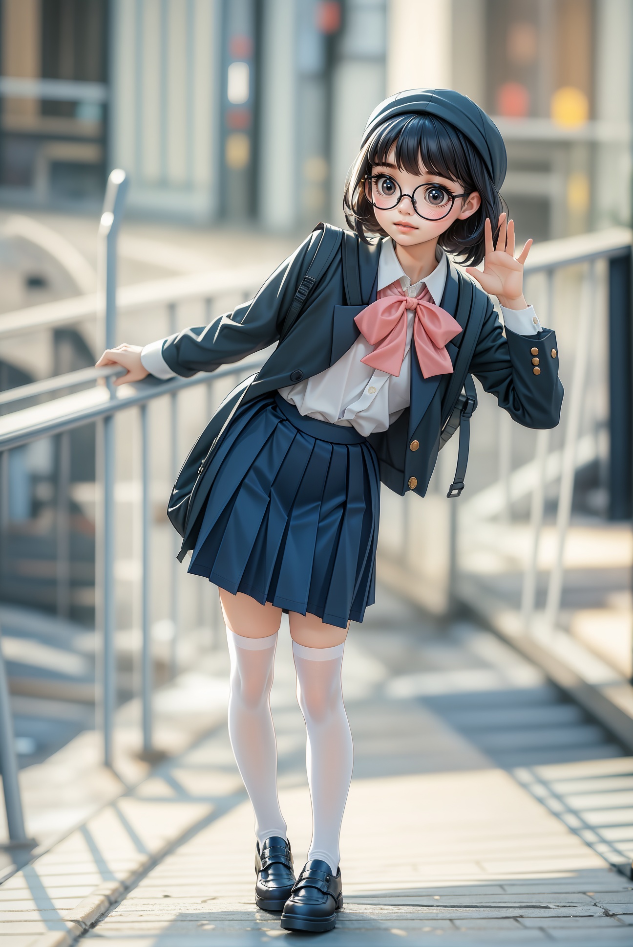 Pop Mart style,Q-style,Polyethylene plastic material,1girl,solo,glasses,skirt,hat,school uniform,thighhighs,black hair,waving,black footwear,bow,blue headwear,pleated skirt,white thighhighs,bowtie,blurry background,looking at viewer,jacket,smile,full body,shirt,bag,outdoors,blue skirt,blurry,white shirt,railing,bangs,backpack,shoes,standing,short hair,black eyes,medium hair,blazer,red bow,long sleeves,pink bow,leaning forward,hand up,brown eyes,lips,<lora:测试2-000014:0.6>,