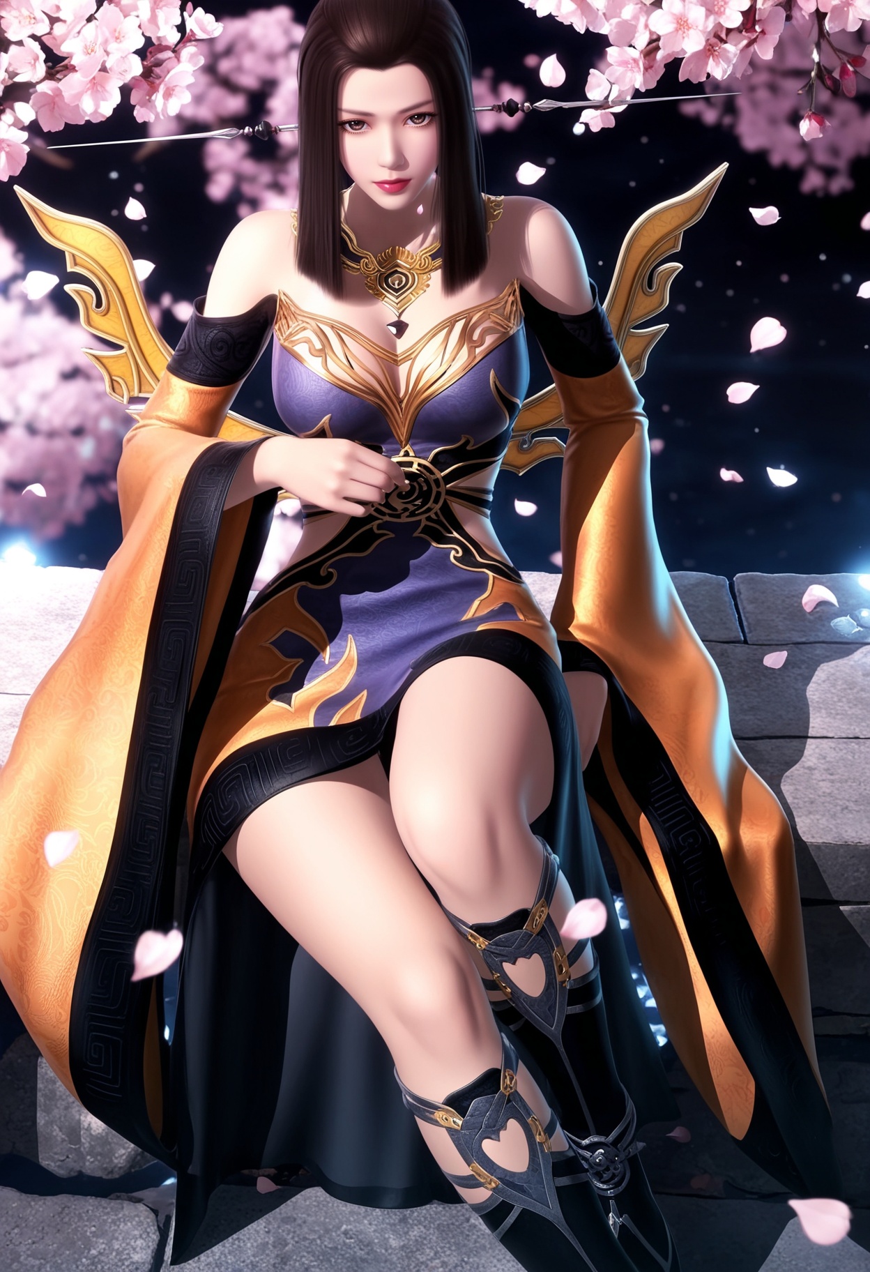 masterpiece,best quality,amazing quality,very aesthetic,high resolution,ultra-detailed,absurdres,scenery,photorealistic,(looking at viewer:1.1),(moody lighting:1.1),peach blossom,falling petals,(large breasts:0.8),yanfei,1girl,solo,long hair,black hair,brown hair,jewelry,dress,brown eyes,necklace,hair ornament,earrings,boots,ponytail,sidelocks,armor,detached sleeves,black footwear,high heels,sitting BREAK photorealistic details,<lora:QQSillyanfeiV1:0.8>,
