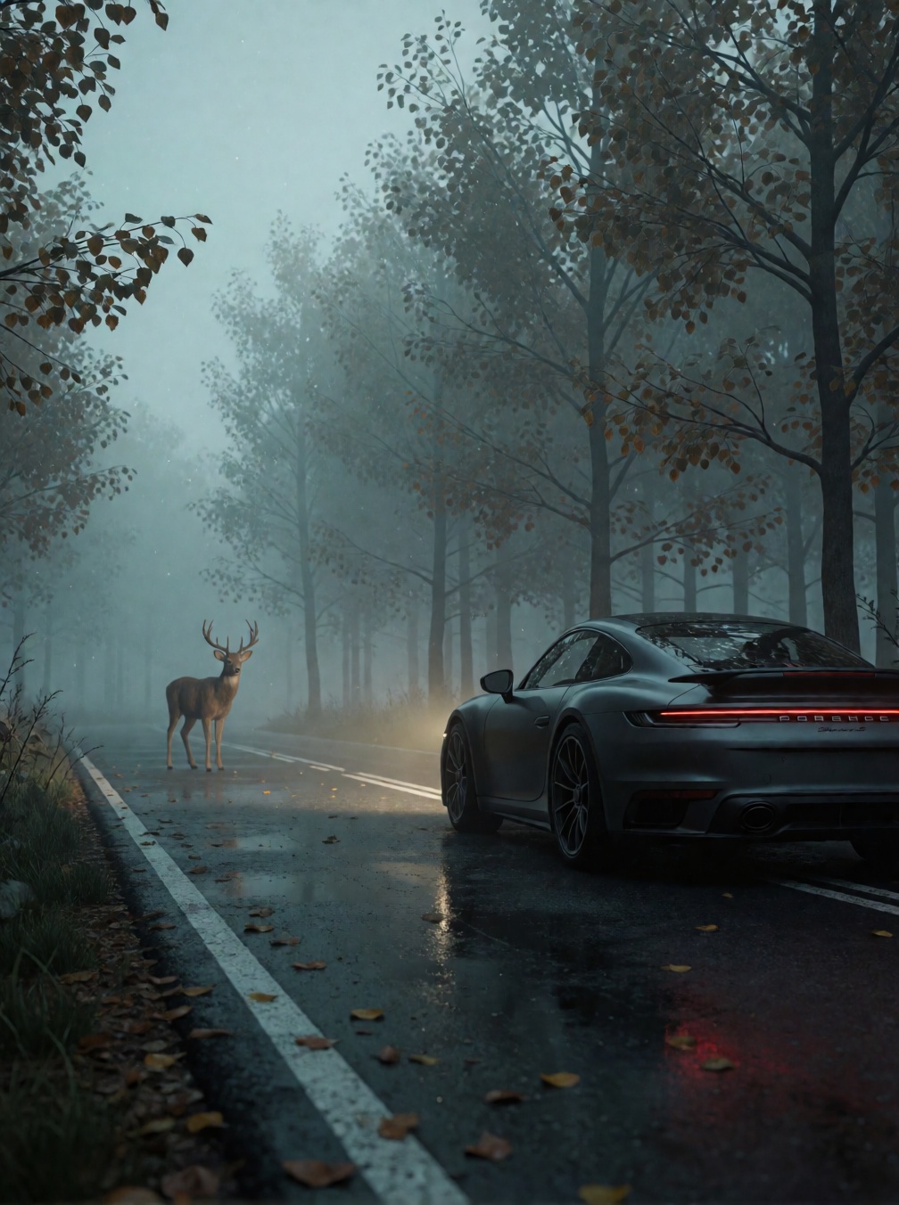 A misty forest road at dawn,  wet asphalt reflecting soft ambient light,  with a dark gray Porsche 911 Turbo S parked on t...