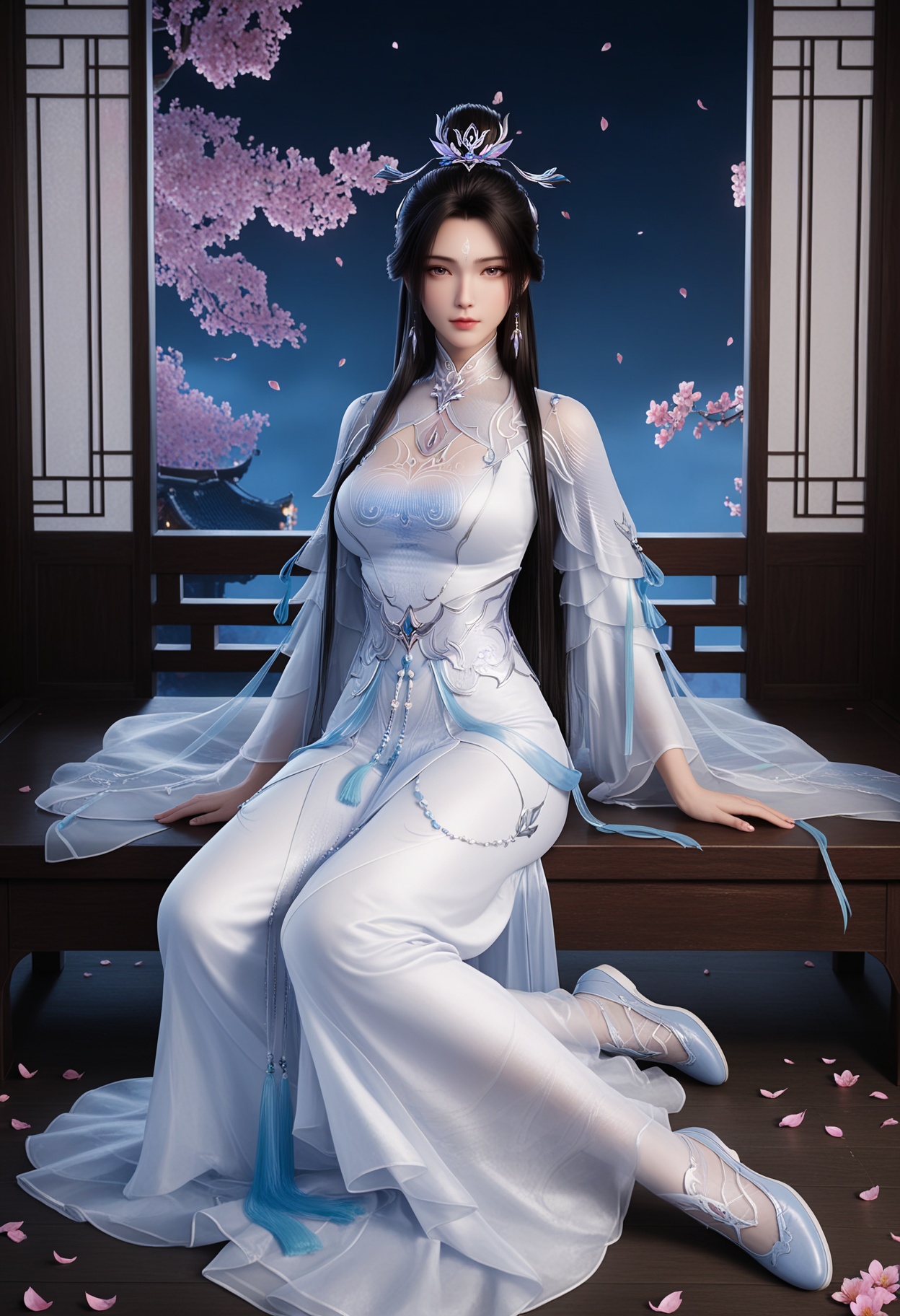 masterpiece,best quality,amazing quality,very aesthetic,high resolution,ultra-detailed,absurdres,scenery,photorealistic,(looking at viewer:1.1),(Dark room:1.3),(moody lighting:1.1),peach blossom,falling petals,(large breasts:0.8),luxueqi,1girl,solo,black hair,long hair,dress,jewelry,earrings,hair ornament,forehead mark,white dress,hair bun,realistic,chinese clothes,shoes,sitting BREAK photorealistic details,<lora:QQSillluxueqiV1:0.8>,