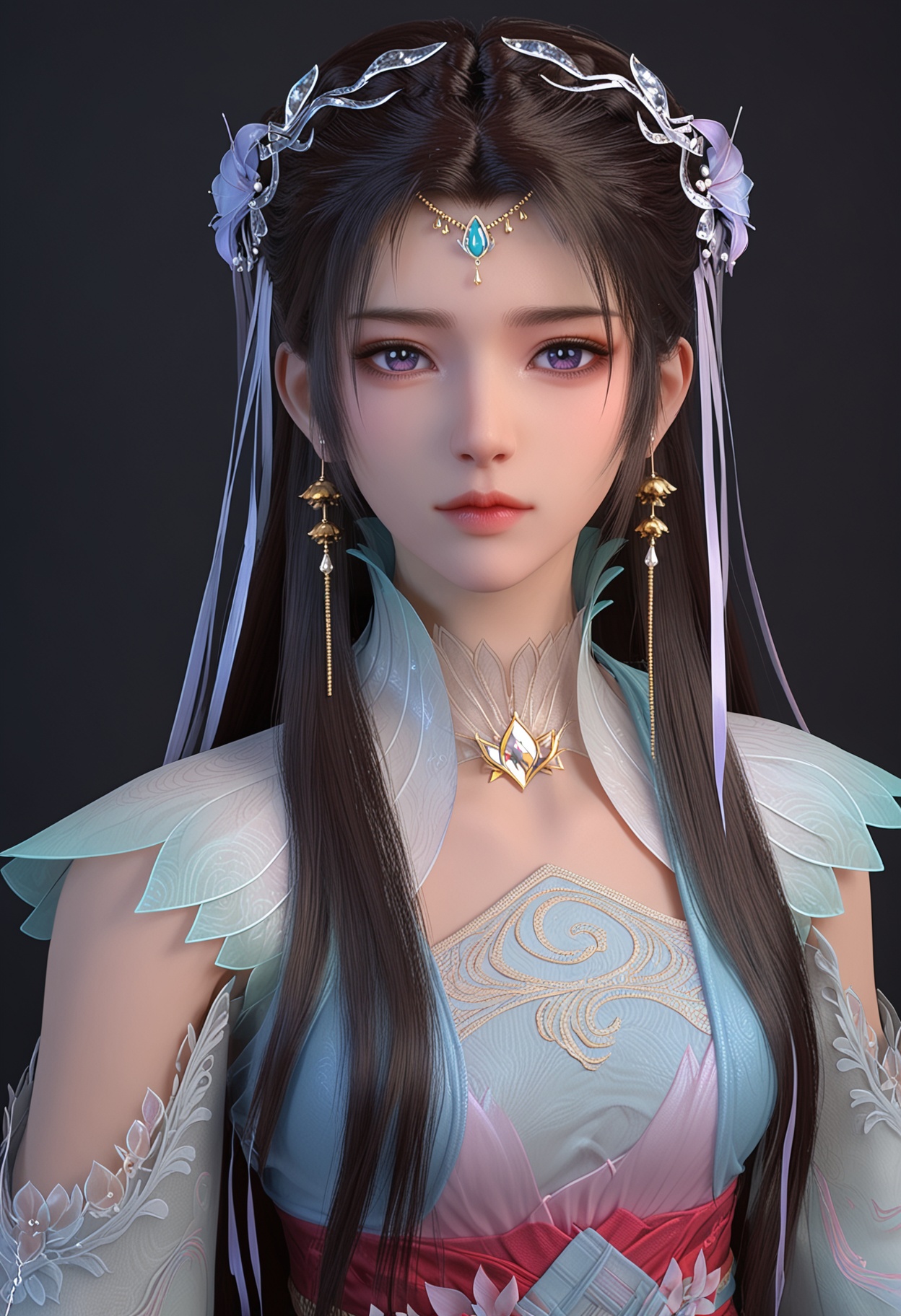 (upper_body:1.2),(looking at viewer:1.1),facing viewer,direct gaze,<lora:YQ_pony_yiwenjun_V5:0.8>,1girl,q1528437228,solo,long hair,hair ornament,jewelry,earrings,dress,black hair,brown hair,sash,blue dress,hair bun,detached sleeves,forehead mark,long sleeves,purple eyes,hair flower,necklace,blue eyes,purple footwear,BREAK simple background,pure black background,black background,perfect anatomy,