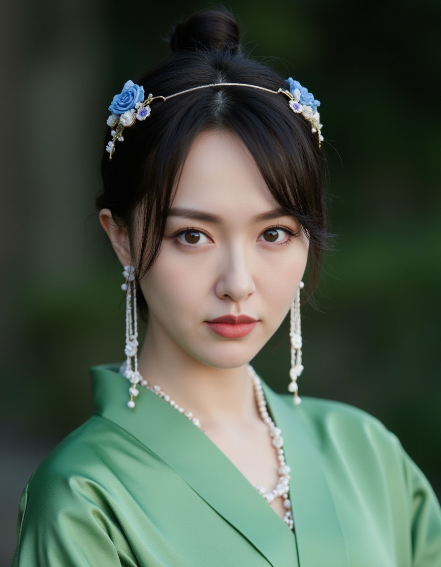 Captured at eye-level,a close-up shot of a young Asian woman,dressed in a green kimono,adorned with a white necklace and earrings. Her hair is styled in a low bun,and she's wearing a headband adorned with blue flowers. The background is blurred,creating a stark contrast to the woman's outfit. The woman's hair is dark,adding a touch of greenery to the scene.,