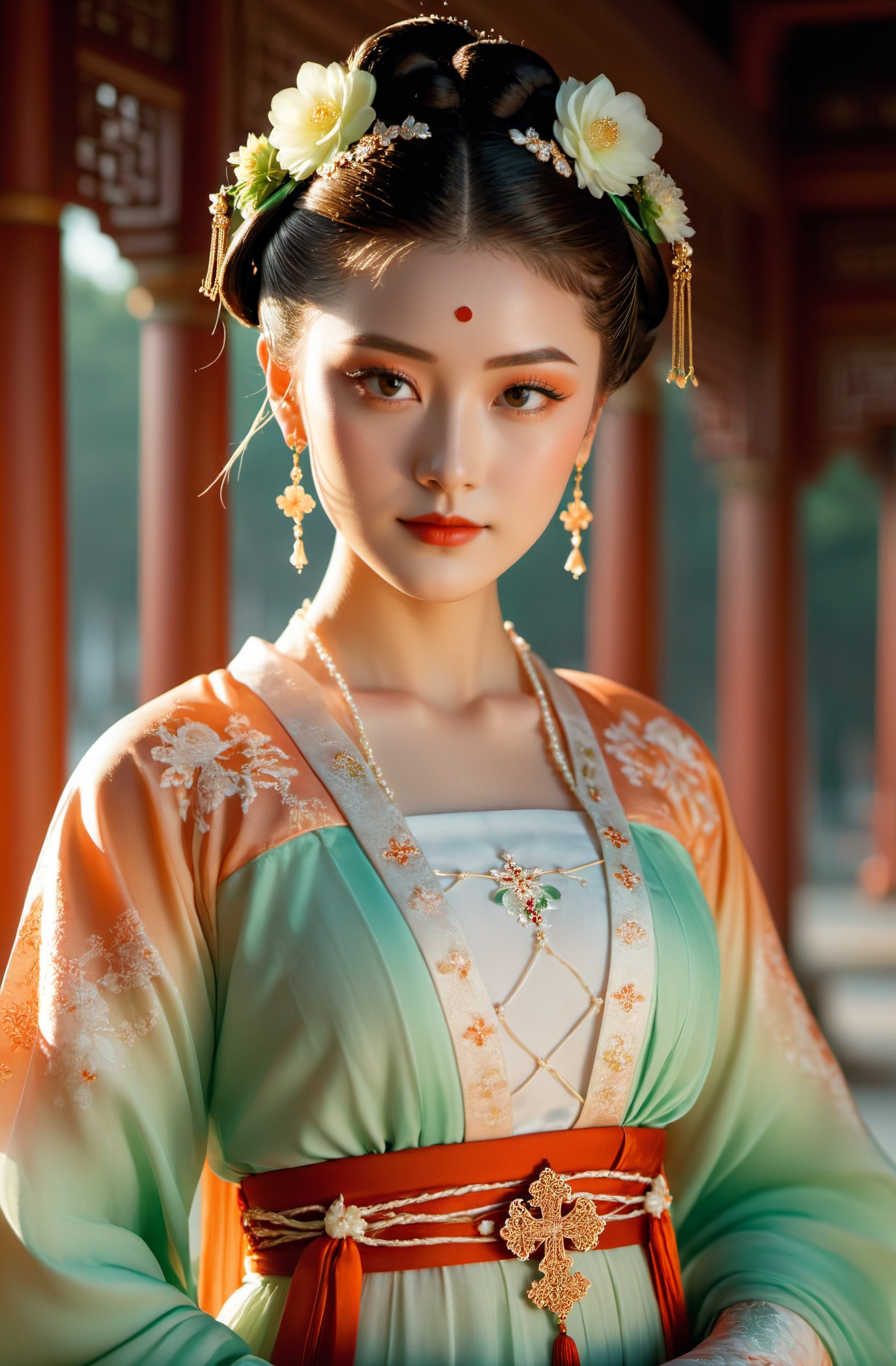 cinematic photo 1girl wearing a gorgeous light orange and light green Hanfu skirt walks in an palace with a light smile on...