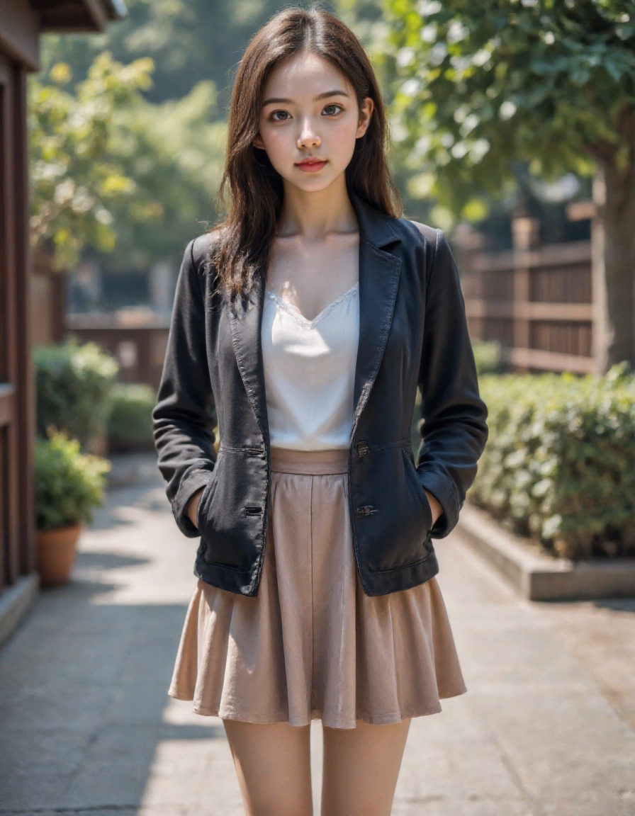 HDR photo of 1girl,solo,realistic,real people,shiny skin,clothes,pale skin,jacket,skirt,full body,outdoors, <lora:20250110_Again_Girl_F.1_6:1>