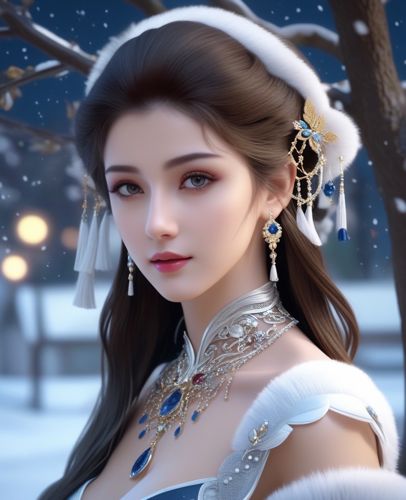 <lora:588-DA-XL-梦塔·雪谜城-白亦君:0.8>(,1girl, ,best quality, ),looking at viewer,  ultra realistic 8k cg, picture-perfect face,   clean, masterpiece,     cinematic lighting, cinematic bloom, fantasy,  , unreal, science fiction, ((,1girl, pov,))(((,tree, 1girl, full moon,snowing,snow ,solo,     solo focus,  long_hair, looking_at_viewer,  )))  (rich:1.4,)     prestige, luxury, jewelry, diamond, gold, pearl, gem, sapphire, ruby, emerald, intricate detail, delicate pattern, charming, alluring, seductive, erotic, enchanting, hair ornament, necklace, earrings, bracelet, ,