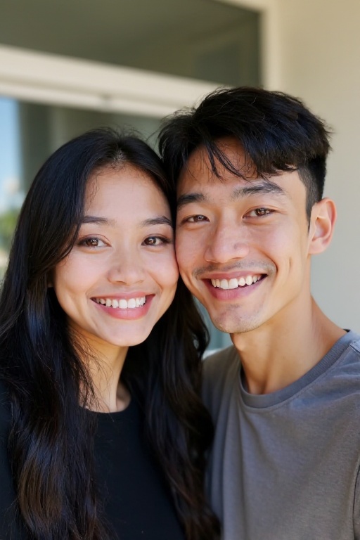 <lora:20250521_AgainMouthSizeF1Lora:1>,This is a photograph of a young couple posing for a selfie indoors. The woman, with long black hair, wears a black top. The man, with short dark hair, is in a shirt. The background is outdoors.