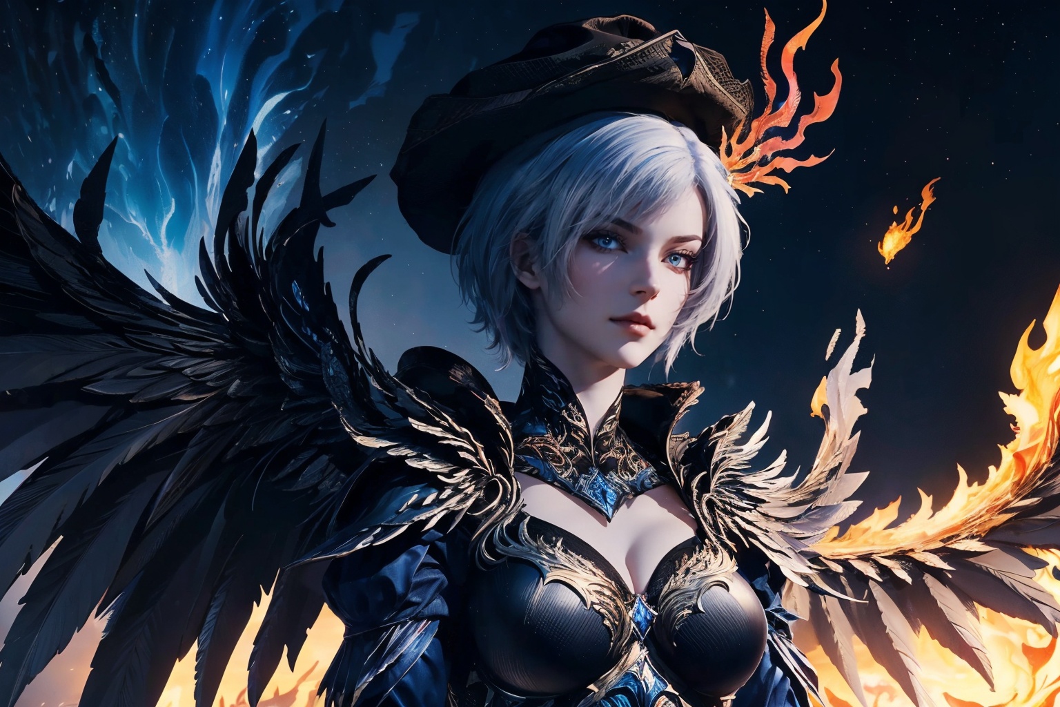 1girl,solo,(hat,hair ornament),jewelry,cleavage cutout,detached collar,dress,armor,(dark phoenix wings),looking at viewer,outdoors,(night sky),dark magic,(((dark fire))),nature,grasslands,upper body,depth of field,Highly detailed,(best quality:1.5,masterpiece:1.5),<lora:20250110-1736495644652-000010:0.85>,fl,