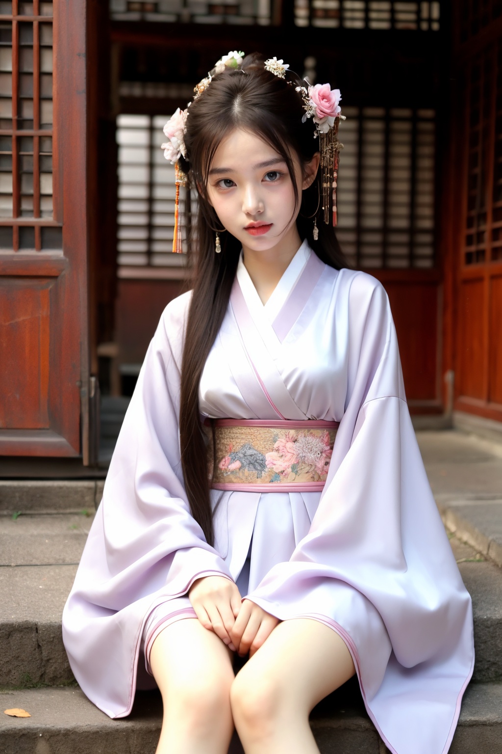 hands_, realistic, 1girl, solo, hair ornament, long hair, sitting, brown hair, flower, hair flower, sash, looking at viewer, japanese clothes, architecture, kimono, east asian architecture, brown eyes, fire, long sleeves, blurry<lora:嫣月楼3:0.8>