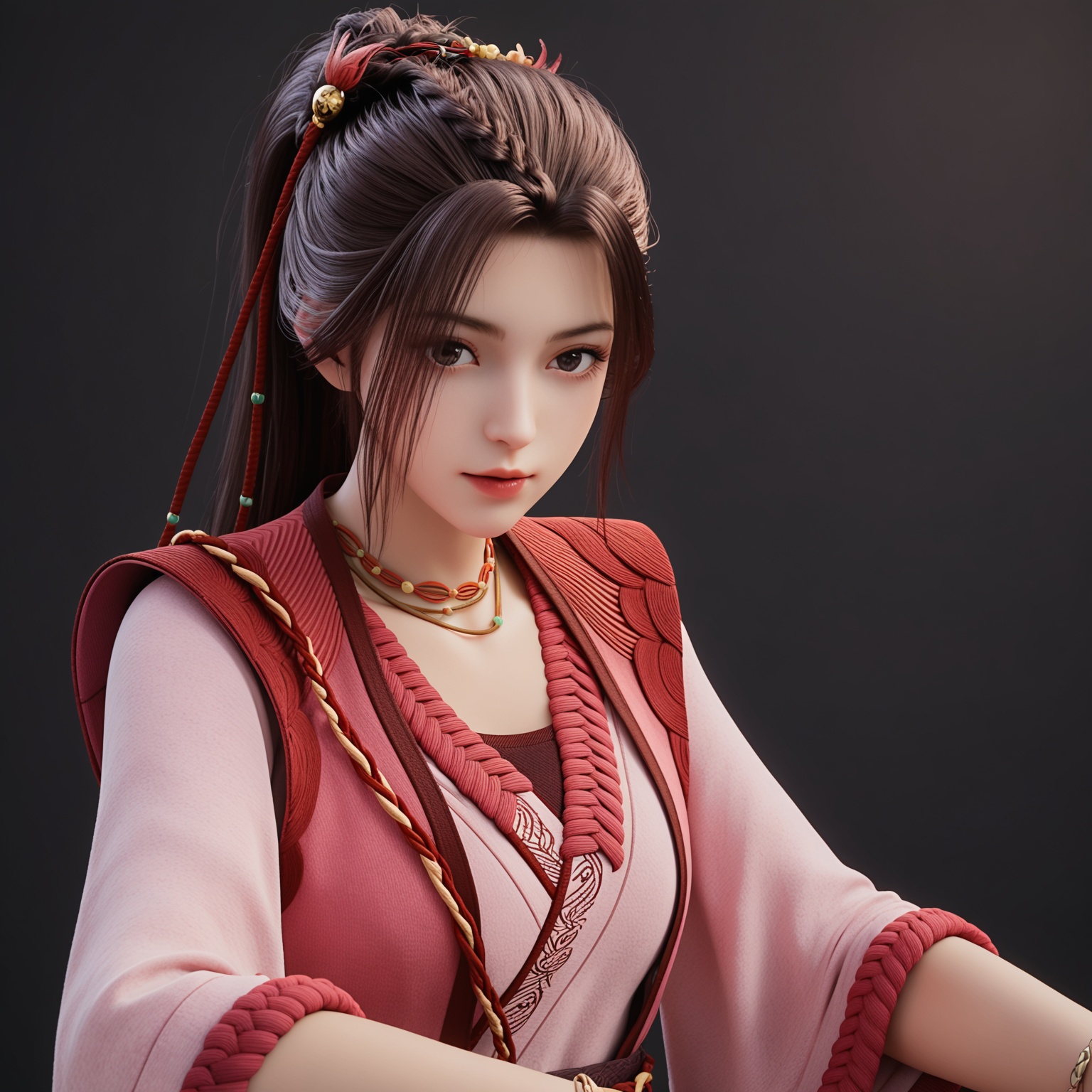 1girl,solo,<lora:ponyxiaohuanV5:0.8>,score_9,jewelry,long_hair,brown_hair,necklace,hair_ornament,ponytail,realistic,bracelet,black_hair,braid,dress,sash,brown_eyes,boots,long_sleeves,wide_sleeves,chinese_clothes,bag,earrings,red_dress,black_eyes,BREAK score_9,upper_body,portrait,shiny_skin,looking at viewer,cinematic lighting,volumetric lighting,solo focus,(huge breasts:0.9),(simple background,pure black background,black background:1.1),
