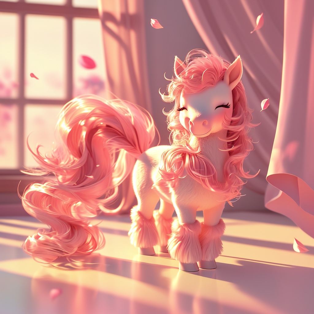 wuma, pony, ^ ^, whiskers, cute, cc-color-correction, mf-movie-filter, warm colors, whimsy and dramatic lighting, white fur, soft lighting, fluffy, pony focus, no humans, window, curtains, closed eyes, pink theme, full body, indoors, standing, blurry, petals, closed mouth,<lora:wuma_v1:0.8>,