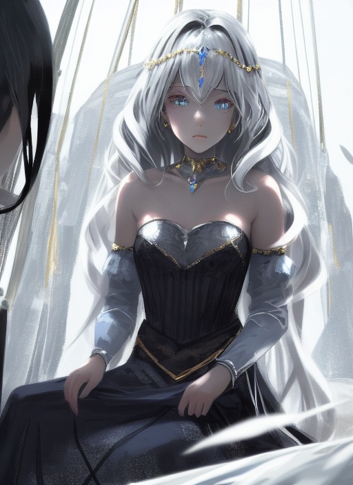 (masterpiece), (best quality), illustration, ultra detailed, hdr, Depth of field, (colorful), loli,a girl ,solo,bare shoulders,flat_chst,diamond and glaring eyes,beautiful detailed cold face,very long blue and sliver hair,floaing black feathers,wavy hair,black and white sleeves,gold and sliver fringes,a (blackhole) behind the girl,a silver triple crown inlaid with obsidian,(sit) on the black ((throne)), (depth) of (field),  <lora:YouHua-000028:0.9>