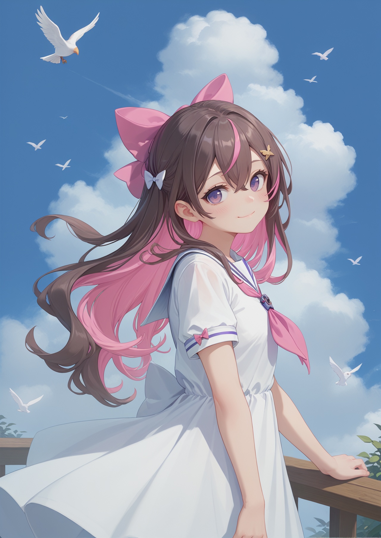 score_10,score_9,score_8_up,score_7_up,1girl,purple eyes,pink hair,multicolored hair,colored inner hair,solo,dress,long hair,looking at viewer,hair ornament,white dress,bird,streaked hair,smile,blush,sailor collar,neckerchief,outdoors,sky,short sleeves,closed mouth,black hair,blue sky,from side,hair between eyes,brown hair,cloud,hair bow,