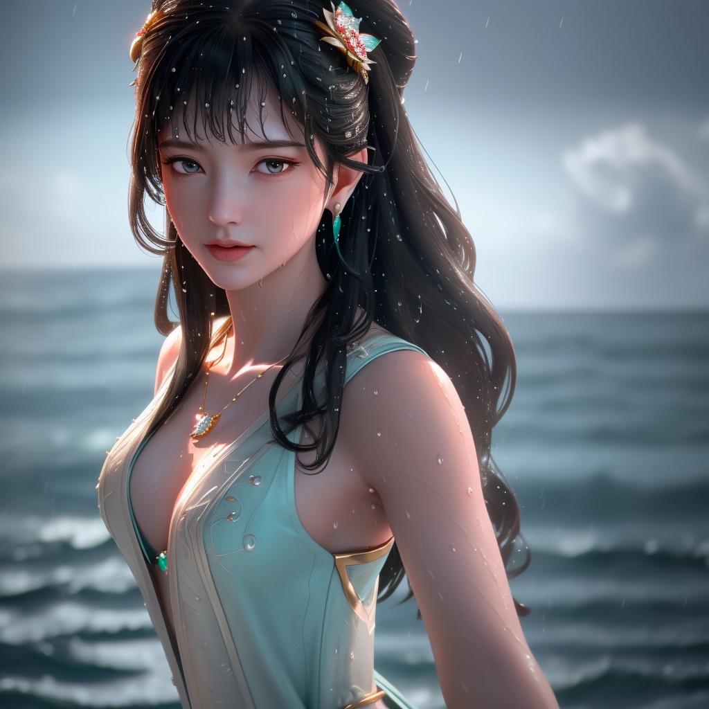 <lora:765-DA-金吾卫-刘小芷:0.8>, (,1girl, ,best quality, ),looking at viewer, ,ultra detailed 8k cg, ultra detailed background, ultra realistic 8k cg,  ,masterpiece((((1girl, solo,  , ,solo focus, wet,sweat, ocean,rain, water drop, )))) (, , sweatdrop, flying sweatdrops, sweating profusely,colorful drop \(module\), )   clean, masterpiece,     cinematic lighting, cinematic bloom,   , unreal, science fiction, luxury, jewelry, diamond, gold, pearl, gem, sapphire, ruby, emerald, intricate detail, delicate pattern, charming, alluring, seductive, erotic, enchanting, hair ornament, necklace, earrings, bracelet, armlet,halo,