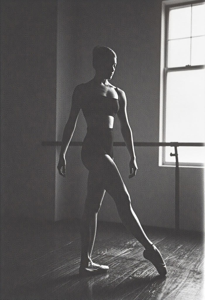 analog_feel,  a quiet pause between movements,  ballerina in a dimly lit studio on Tensor.Art