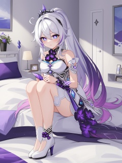 kiana kaslana,kiana final,+_+,blue eyes,purple pupils,white gradient purple dress,purple wings,black hair ornament,silver crown,high heels,black flowers,white footwear,ponytail,bedroom,indoors,<lora:kiana2-000010:0.9>,, 1girl,,  (masterpiece,best quality:1.2),absurdres