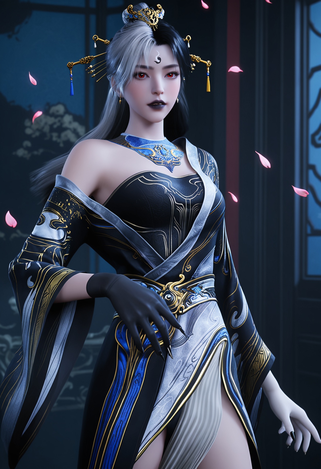 (cowboy shot:1.2),(looking at viewer:1.1),masterpiece,(best quality),smog,Dark room,dim lighting,peach blossom,falling petals,<lora:YQ_Illustrious光辉v5_阴阳教圣女_V1:0.8>,q1528437228,1girl,dress,solo,hair ornament,long hair,jewelry,black hair,earrings,white hair,forehead mark,red eyes,hair stick,multicolored hair,two-tone hair,forehead jewel,hair bun,wide sleeves,long sleeves,black dress,gloves,grey hair,blue dress,chinese clothes,black gloves,sash,single hair bun,black lips,necklace,short hair,black footwear,fingernails,sharp fingernails,blue hair,colored skin,shoes,black nails,