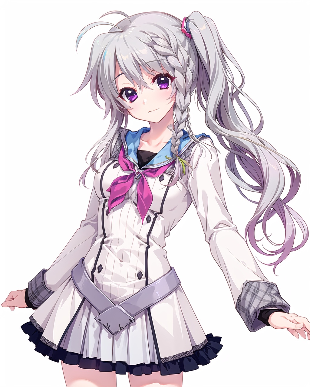 niimisora school uniform,white hair,purple eyes,ahoge,side ponytail,side braid,cowboy shot,, masterpiece,best quality,