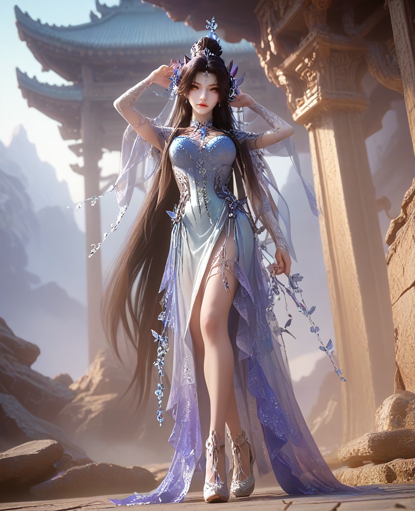 (oriental architecture, elegant decor, sophisticated style:1.1),(Legs up, arms extended over her head,:1.1),cowboy shot,(large breasts:1.2),shoes,<lora:XL16云深不知梦羲和四象归一:0.95>,miss xihe,blue-violet to white ombre gown,yellow eyes,forehead pendan,black hair,traditional chinese updo with long front strands,absurdly long hair,hair ornament,jewelry,elbow gloves,butterfly embellishments,crystal gown hemline,, score_9,score_8_up,score_7_up,score_6_up,score_5_up,score_4_up,3d rendering,tag1,tag2, Cinematic Lighting,backlighting,