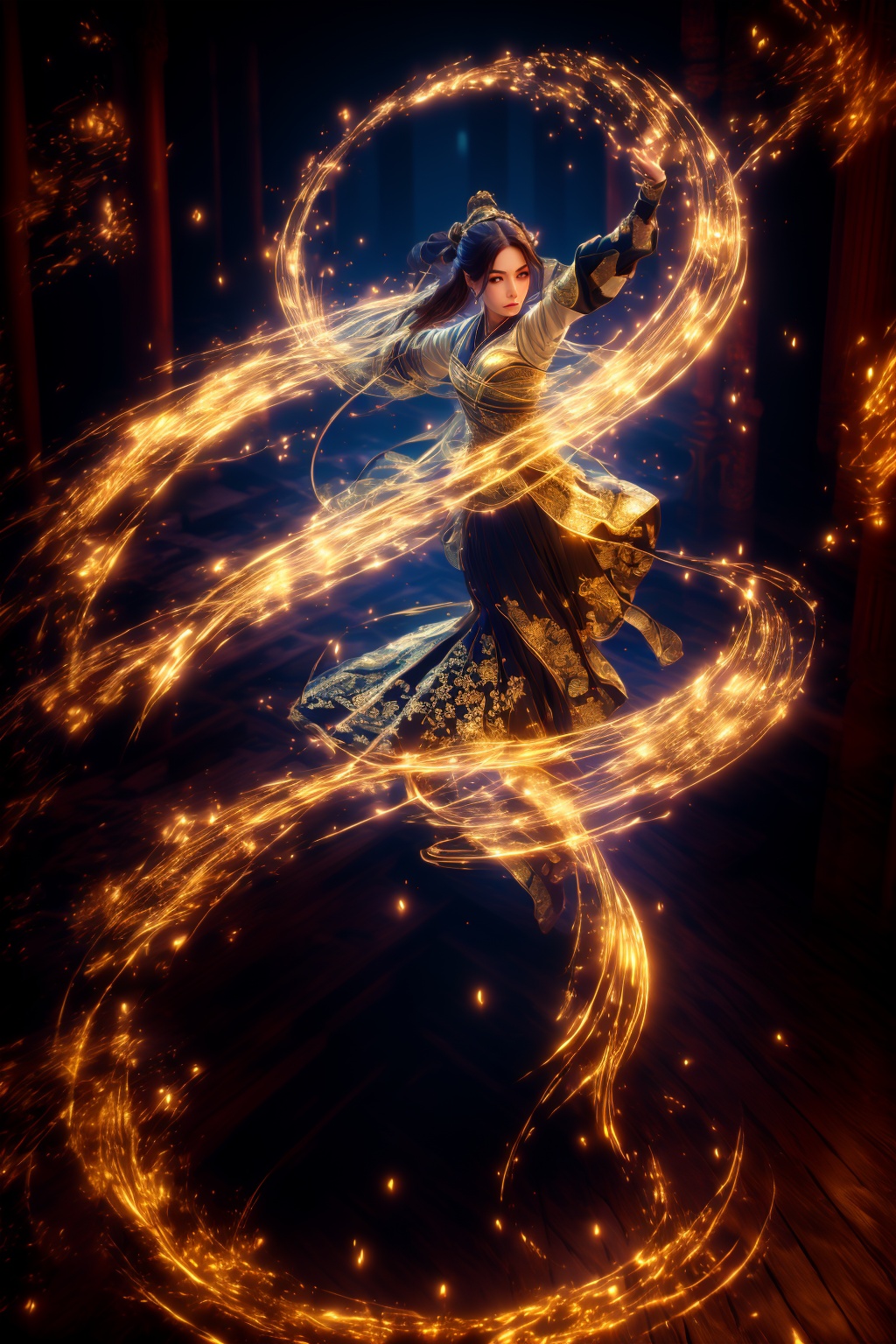 golden-aura,using golden-magic,golden-magic,ancient-costume,dancing,fighting stance,1girl,solo,<lora:magic_fighting_golden_512_15:0.8>,