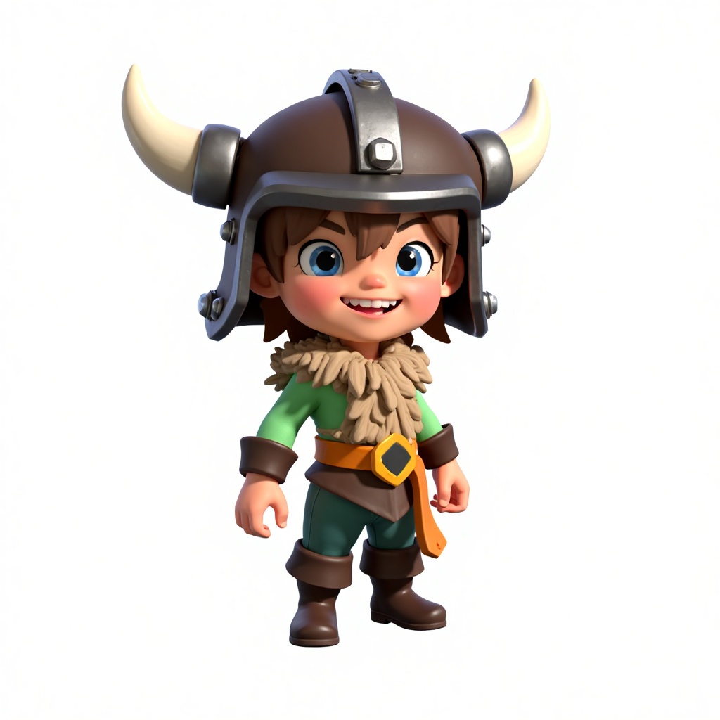 A boy. He wears a dark brown helmet adorned with metal strips and rivets,with white horns protruding from both sides. He has brown hair,bright blue eyes,and a smiling face with exposed teeth. He is dressed in a light green top,a brown shaggy vest,and bluish-green pants. He wears an orange belt around his waist. His footwear consists of dark brown tall boots. The background is white.,