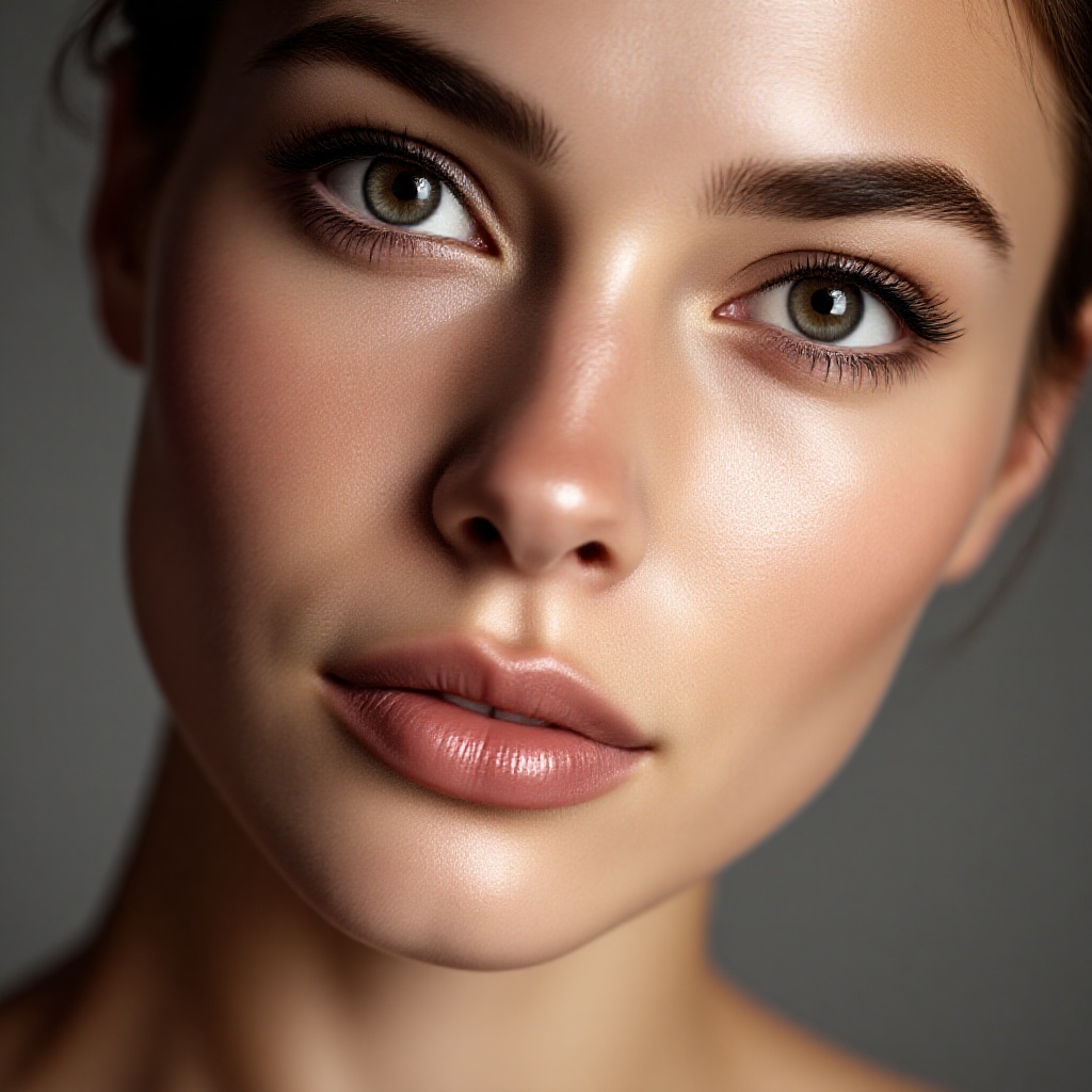 A surreal close-up portrait of a 20-year-old woman looking straight into the camera with a calm and confident expression. Smooth skin,clean skin.***** in a professional studio using Hasselblad H6D-100c,100mm f/2.2 lens,high-end editing photography,clear details,and soft directional lighting to enhance skin texture.,