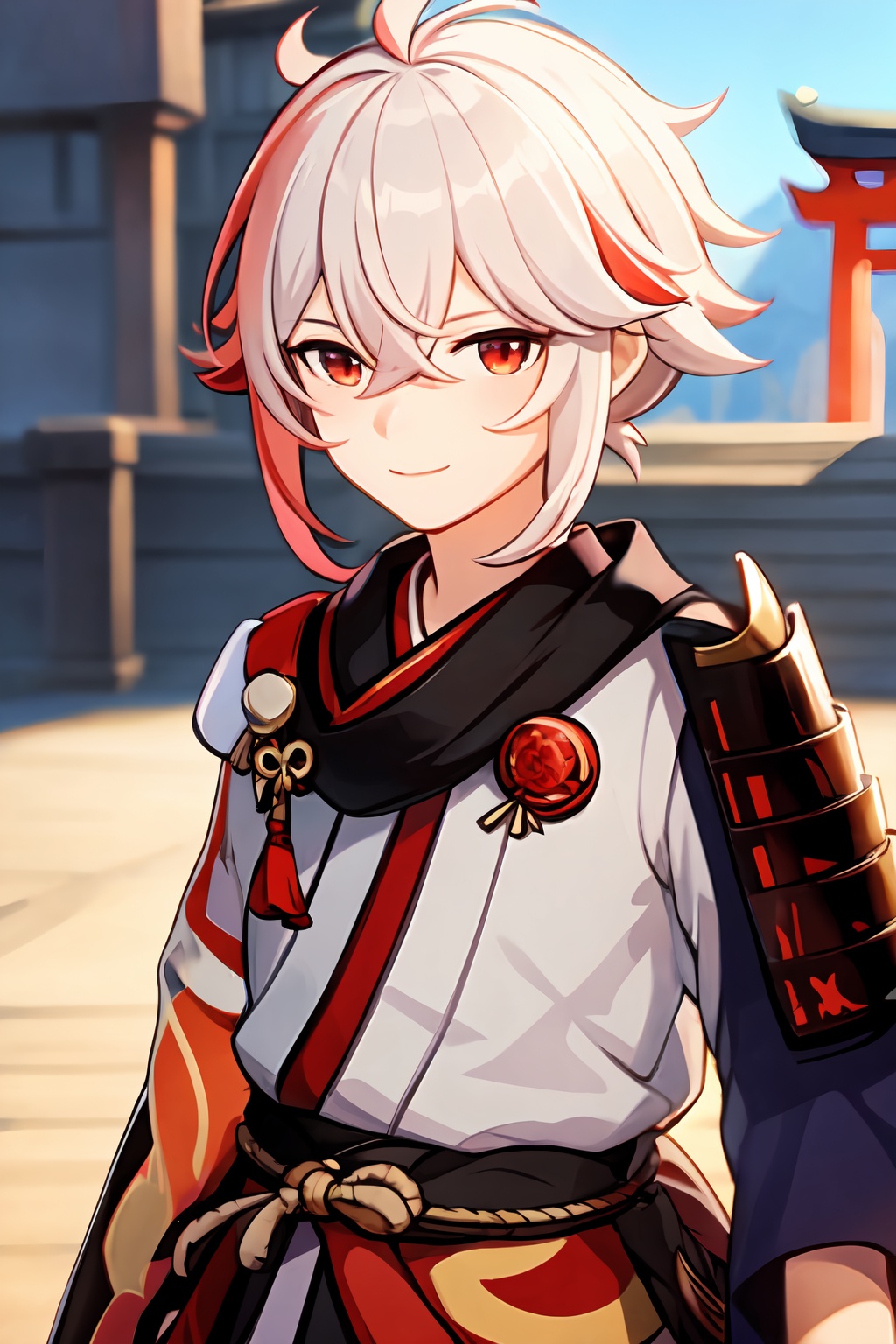 masterpiece,best quality,light,outdoors,landscape,depth of field,kaedehara kazuha,1boy,male focus,solo,red eyes,multicolored hair,bangs,streaked hair,japanese clothes,(red hair:1.3),hair between eyes,looking at viewer,smile,armor,bandages,japanese armor,<lora:kazuha:0.8>,, light,outdoors,landscape,depth of field,