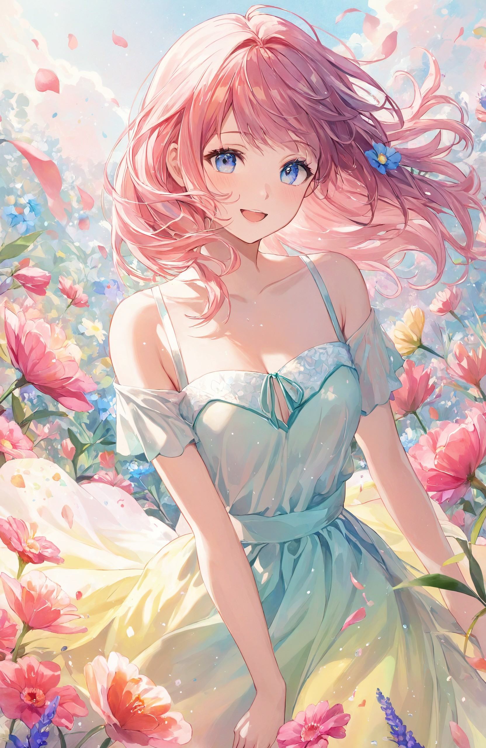 A young girl in a flowing pastel dress, surrounded by vibrant flowers that seem to burst into existence from the canvas. The scene is painted in soft, watercolor splashes, blending the girl's gentle expression with the wild beauty of nature. The colors are bright and uplifting, creating a sense of joy and lightness