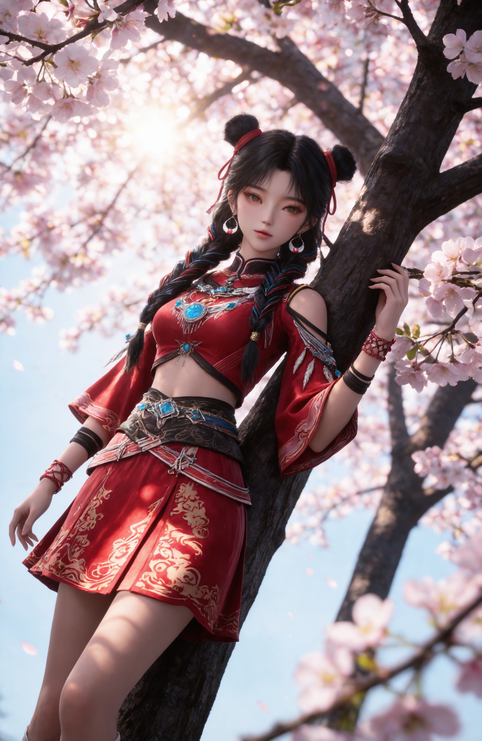 <lora:择天记-白落衡IL:0.7> 1girl, long hair, black hair, ribbon, jewelry, earrings,hair ribbon, crop top, shirt,  midriff, necklace, bracelet, twin braids, double bun, red skirt, red dress,  shoulder cutout, white socks,shoes,, realistic style photo,outstanding style,Use soft lighting to cast gentle shadows on the subject,adding a touch of dimension to your images without compromising details,whirls of vapor,(Anime:1.1),soft neon light,ethereal ambiance,delicate details,magical atmosphere,concept art,highly detailed,ultra-high resolution,32K UHD,sharp focus,best-quality,masterpiece,golden hour,unconventional supreme masterpiece,masterful details,temperate atmosphere,with a high-end texture,in the style of fashion photography,magazine style,Dynamic Angle,Dynamic posture,magazine style,Dynamic Angle,Dynamic posture,(cowboy_shot:1.2),eye trail,depth of field,cinematic lighting,lens flare,close-up,extreme aesthetic,(wlop:0.6),(honjou raita,lack,rella,wanke:0.5),masterpiece,best quality,good quality,newest,year 2025,very aesthetic,absurdres,Visual impact,A shot with tension,ultra-high resolution,32K UHD,sharp focus,best-quality,masterpiece,Emotionalization,unconventional supreme masterpiece,masterful details,temperate atmosphere,with a high-end texture,in the style of fashion photography,(Visual impact:1.2),giving the poster a dynamic and visually striking appearance,, 1girl, solo, tree, branch, sunlight, outdoors, looking at viewer, blurry,  standing, blurry foreground,sun light,Tyndall,cherry blossom,