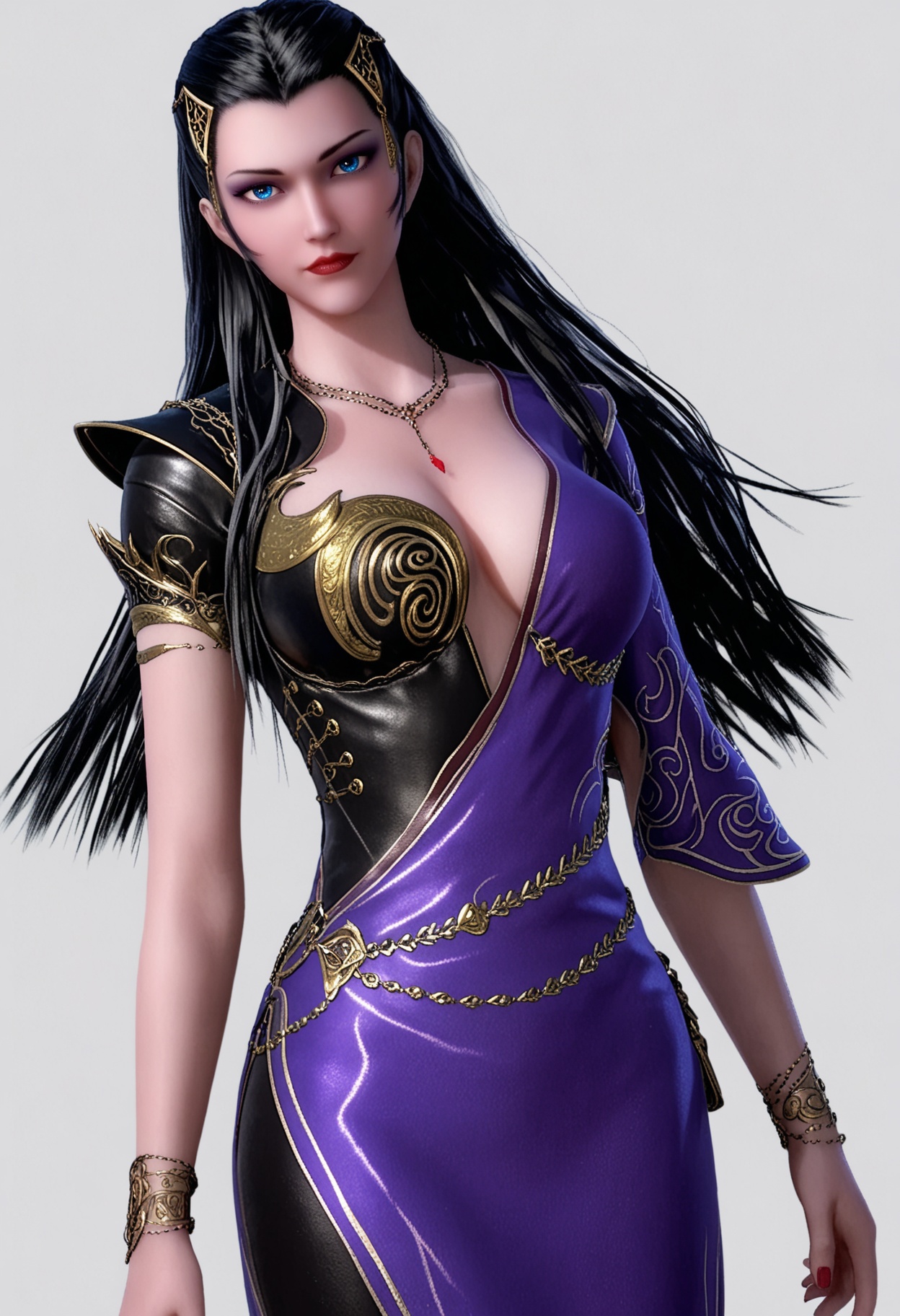 score_9,high detail,best quality,cinematic lighting,volumetric lighting,shiny skin,shiny,1girl,solo,blue eyes,dress,necklace,jewelry,long hair,huge_breasts,hair ornament,purple dress,black hair,cleavage,realistic,armor,red lips,makeup,white background,single sleeve,bracelet,looking at viewer,thighs,<lora:QQSponyxinyuekuiV1:0.8>,<lora:Pony_DetailV2.0:0.8>,<lora:皮肤凹痕:0.1>,