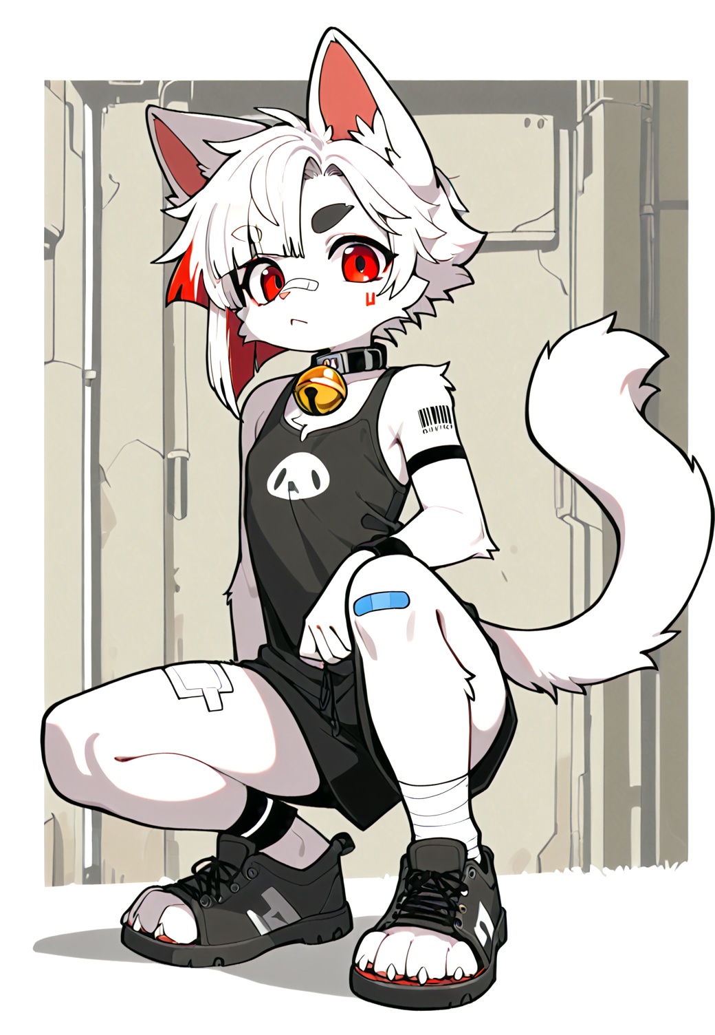furry,red eyes,urry,white fur,cat boy,white hair,Right mid length drooping frontal hair,(Asymmetric hair on the temples:1.2),Expose left shoulder,wristband,thick eyebrows,barcode tattoo,bell on collar,Collar,Cortical collar,Large collar,white hair,bandage on nose,bandage on leg,Armed with two guns,look at the viewers,Half squat,wear open toe shoes,<lora:FURRY工坊β:1>,juvenile muscle,ankle tie bell,