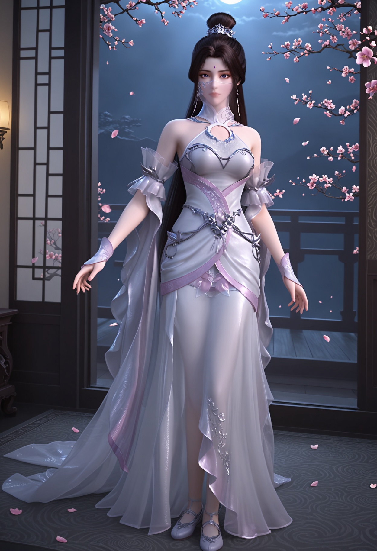 (standing full_body:1.1),(looking at viewer:1.1),masterpiece,(best quality),smog,Dark room,dim lighting,peach blossom,falling petals,<lora:YQ_Illustrious光辉v5_月婵2.0_V2:0.8>,q1528437228,1girl,solo,long hair,white dress,jewelry,earrings,forehead mark,black hair,brown hair,hair ornament,hair bun,mouth veil,detached sleeves,single hair bun,purple eyes,breasts,expressionless,shoes,see-through,