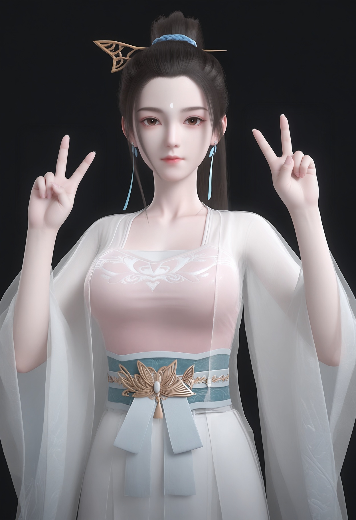 (score_9),light blush,body blush,<lora:应月茹-Apony:0.8>,yyr,1girl,solo,black hair,long hair,hair ornament,hair stick,hanfu,tassel earrings,ponytail,forehead mark,see-through,brown eyes,wide sleeves,belt,sash,glamor,skinny,collarbone,large breasts,see-through cleavage,see-through silhouette,see-through,looking at viewer,front view,<lora:a修手:0.35>,double v,black background,OverallDetail,(white_skin),(Ivory_skin),<lora:perfect-eyes:0.8>,<lora:e色温:0.5>,<lora:Expressive_H:0.8>,<lora:e肤色滑块:0.5>,