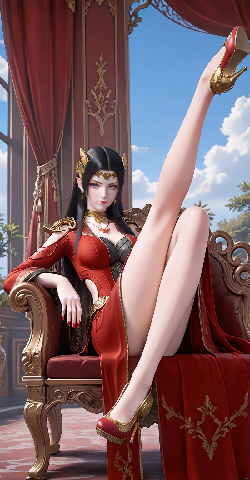 masterpiece,best quality,amazing quality,4k,very aesthetic,high resolution,ultra-detailed,absurdres,newest,scenery,3d,<lora:美杜莎ILL:0.7>,meidusha,1girl,sitting,solo,long hair,dress,red footwear,red dress,sky,black hair,jewelry,bare legs,blue sky,clothing cutout,red nails,high heels,full body,pointy ears,breasts,cloud,chair,blue eyes,hair ornament,looking at viewer,earrings,curtains,closed mouth,necklace,throne,legs,