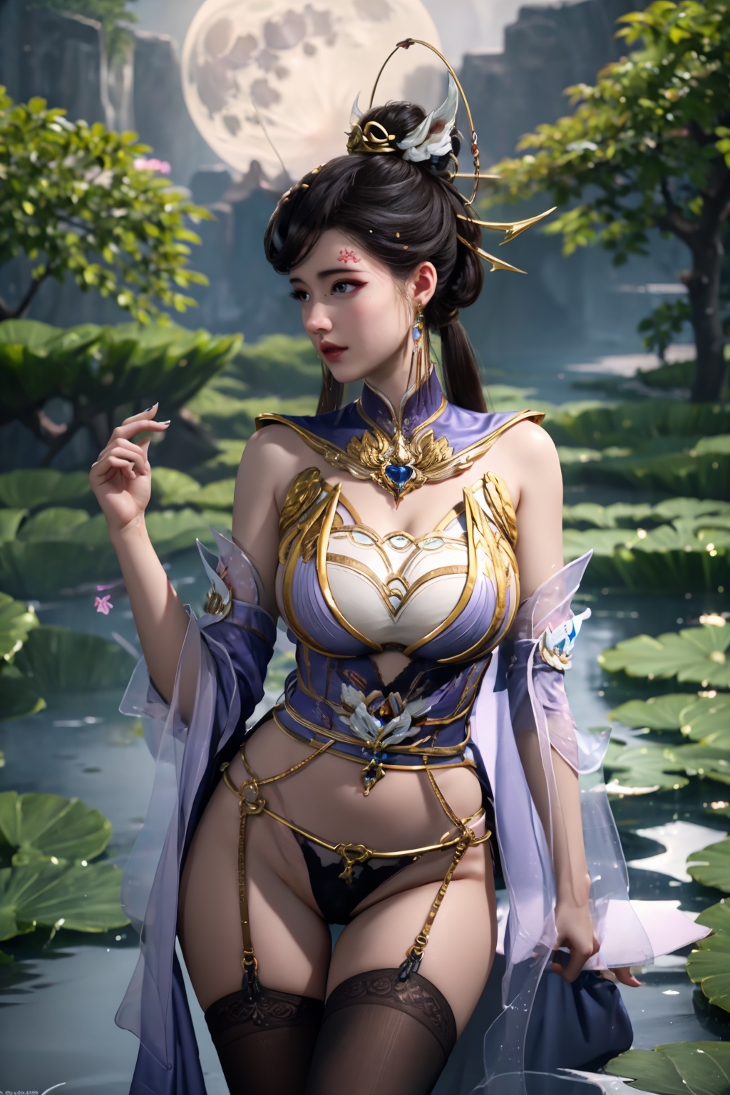 standing,flower,full_moon,moon,night,lily_pad,lotus,moonlight,water,night_sky,lily_\(flower\),sky,partially_submerged,1girl,solo,hair ornament,long hair,realistic,nail polish,photo_\(medium\),(big breasts, cleavage),makeup,(8k, RAW photo, best quality, masterpiece:1.2),(realistic, photorealistic:1.3),ultra-detailed,extremely detailed cg 8k wallpaper,(crystalstexture skin:1.2),extremely delicate and beautiful,(sexy pose:1.2),wearing edgHL,see-through,thighhighs,sexy lingerie,(big breasts:1.2),silk,thin transparent silk,torn pantyhose,