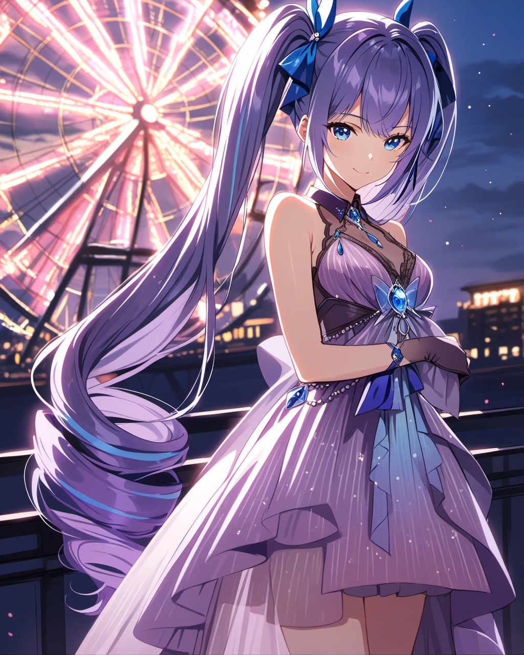 <lora:xiangwan-asoul-a3d:0.6>,ray tracing,very aesthetic,aesthetic,amazing quality,best quality,hight,hight quality,masterpiece,highres BREAK1girl,solo,long hair,purple hair,very long hair,blue eyes,blue bow,purple evening gown,sleeveless,multicolored hair,smile,blue hair,blue hair bow,grey hair ribbon,twintails,dutch angle,looking_at_viewer,cowboy_shot,Volumetric Lighting,Cinematic Lighting,background light,moody lighting,ferris wheel,dusk,vision,