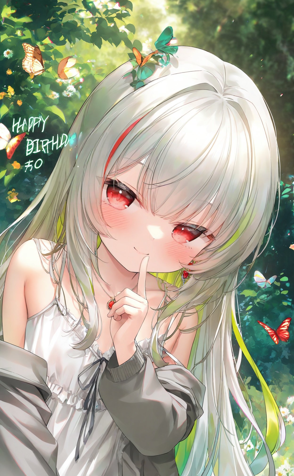 masterpiece,highres,absurdres,newest,best quality,high quality,loli,petite,chromatic_aberration,//,1girl, solo, butterfly, red eyes, bug, long hair, smile, multicolored hair, jewelry, jacket, blush, green hair, necklace, looking at viewer, grey hair, off shoulder, streaked hair, camisole, long sleeves, white camisole, grey jacket, breasts, open clothes, finger to mouth, open jacket, upper body, closed mouth, index finger raised, happy birthday, collarbone//,<lora:guizhencao1114——【noob】hans:1>,
