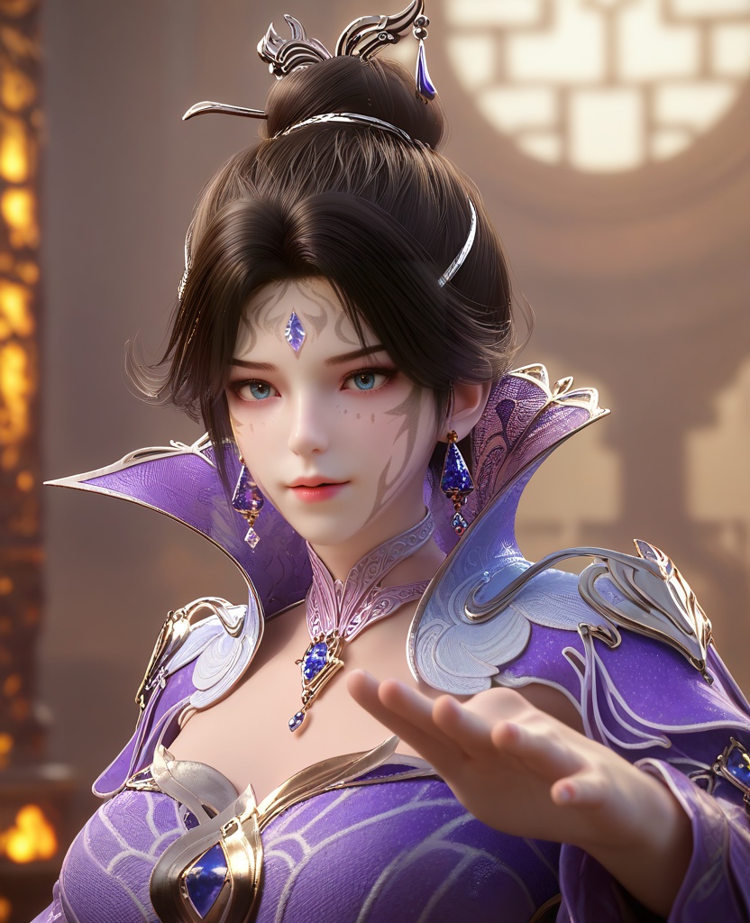 (Reaching out with one hand,:1.1),looking at viewer,(large breasts:1.2),<lora:XL16云深不知梦白璃:0.95>,miss baili,purple tiered gown,blue eyes,facial mark,forehead jewel,black hair,hair ornament,single hair bun,earrings,jewelry,high collar,necklace,, score_9,score_8_up,score_7_up,score_6_up,score_5_up,score_4_up,3d rendering,tag1,tag2, Cinematic Lighting,backlighting,