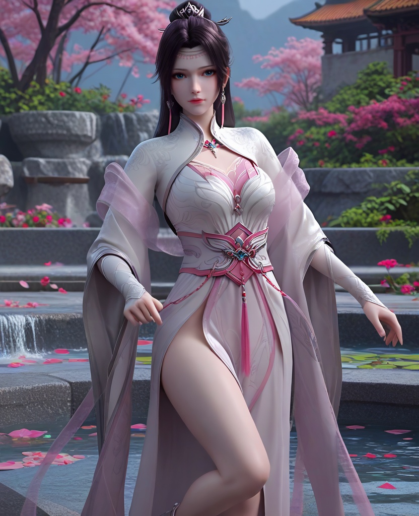 (oriental architecture, elegant decor, sophisticated style:1.1),(Leaning against a brick wall, one leg slightly bent, looking relaxed,:1.1),looking at viewer,(breasts:1.2),<lora:XL16斗破苍穹花宗云韵:0.95>,miss yunyun,white dress,blue eyes,traditional chinese updo with long cascading hair,black hair,hair ornament,earrings,jewelry,bolero,pink sheer shawl,wide flowing sleeves,pink chiffon bra,sash,opera gloves sleeves,, score_9,score_8_up,score_7_up,score_6_up,score_5_up,score_4_up,3d rendering,tag1,tag2, Cinematic Lighting,backlighting,, zPDXL3, zPDXL2,zPDXL, zPDXLxxx, zPDXLrl,