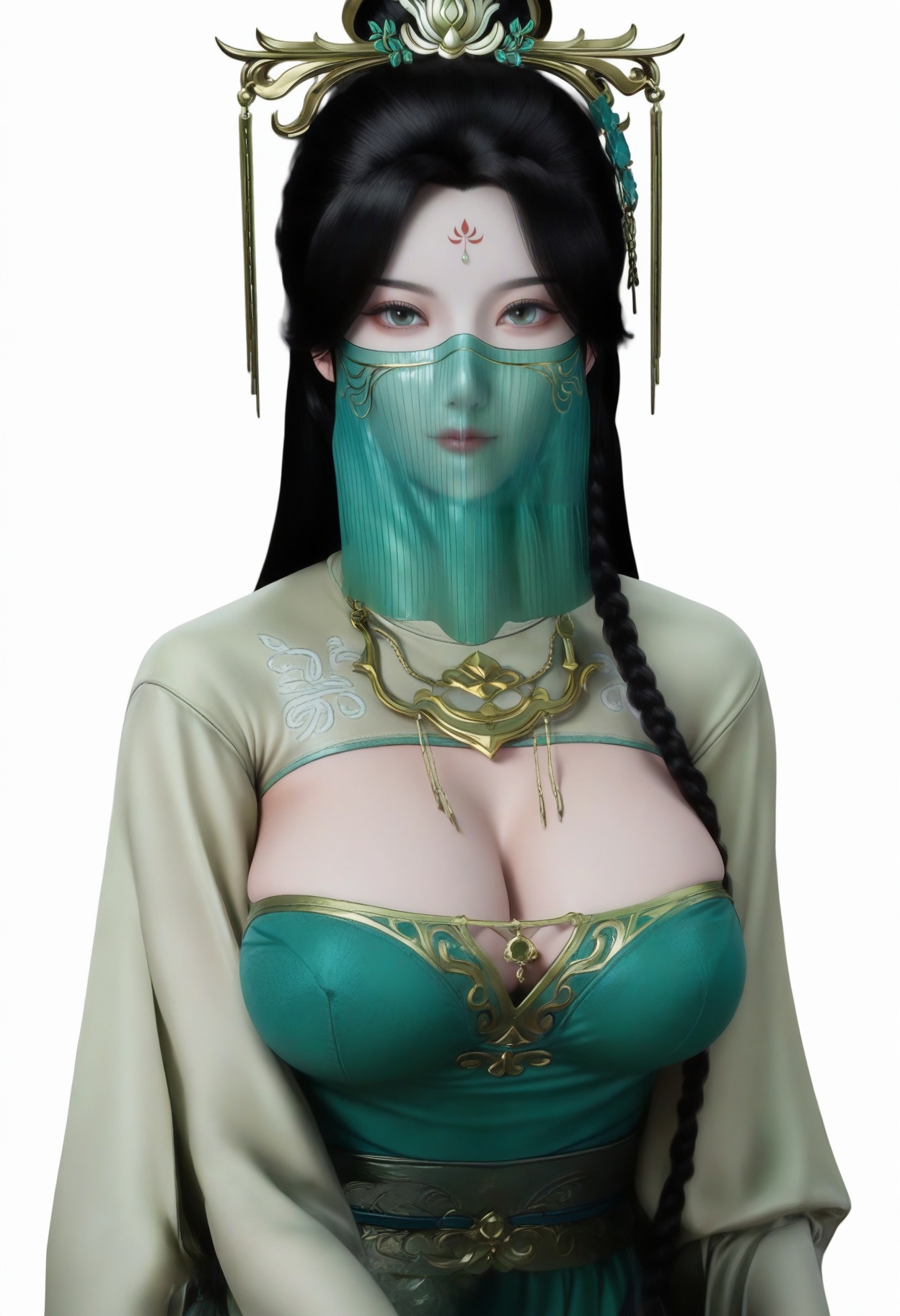 score_9,<lora:SF_YunMeng_Pony_Realism2.3-000003:0.7>,hair ornament,black hair,dress,long hair,1girl,breasts,large breasts,green dress,facial mark,forehead mark,clothes, hanfu,solo,veil, looking at viewer,white background,simple background,