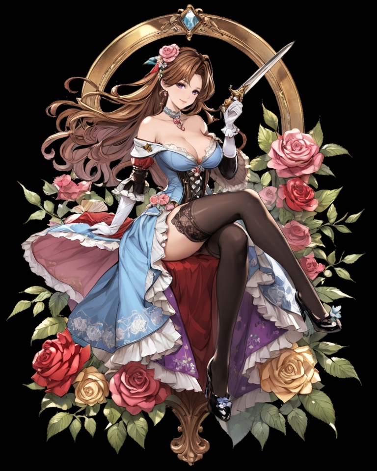 (best quality), ((masterpiece)), (highres), illustration, original, extremely detailed, <lora:JTのGame Character XL:0.7>1girl, solo, long hair, brown hair, breasts, flower, hair ornament, thighhighs, cleavage, hair flower, dress, gloves, bare shoulders, full body, large breasts, argyle legwear, smile, purple eyes, elbow gloves, weapon, argyle, knife, rose, jewelry, dagger, black thighhighs, crossed legs, transparent background, garter straps, off shoulder