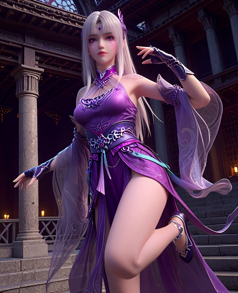 (oriental architecture, elegant decor, sophisticated style:1.1),(standing on one leg:1.1),(breasts:1.2),<lora:XL斗破苍穹小医仙P:0.85>,elder sister,purple dress,white hair,(purple eyes:1.1),bangs,hair ornament,bare shoulders,purple veil,jewelry,fingerless gloves,sash,(facial tattoo:1.2),(cracked skin:1.2),, score_9,score_8_up,score_7_up,score_6_up,score_5_up,score_4_up,3d rendering,tag1,tag2, Cinematic Lighting,backlighting,