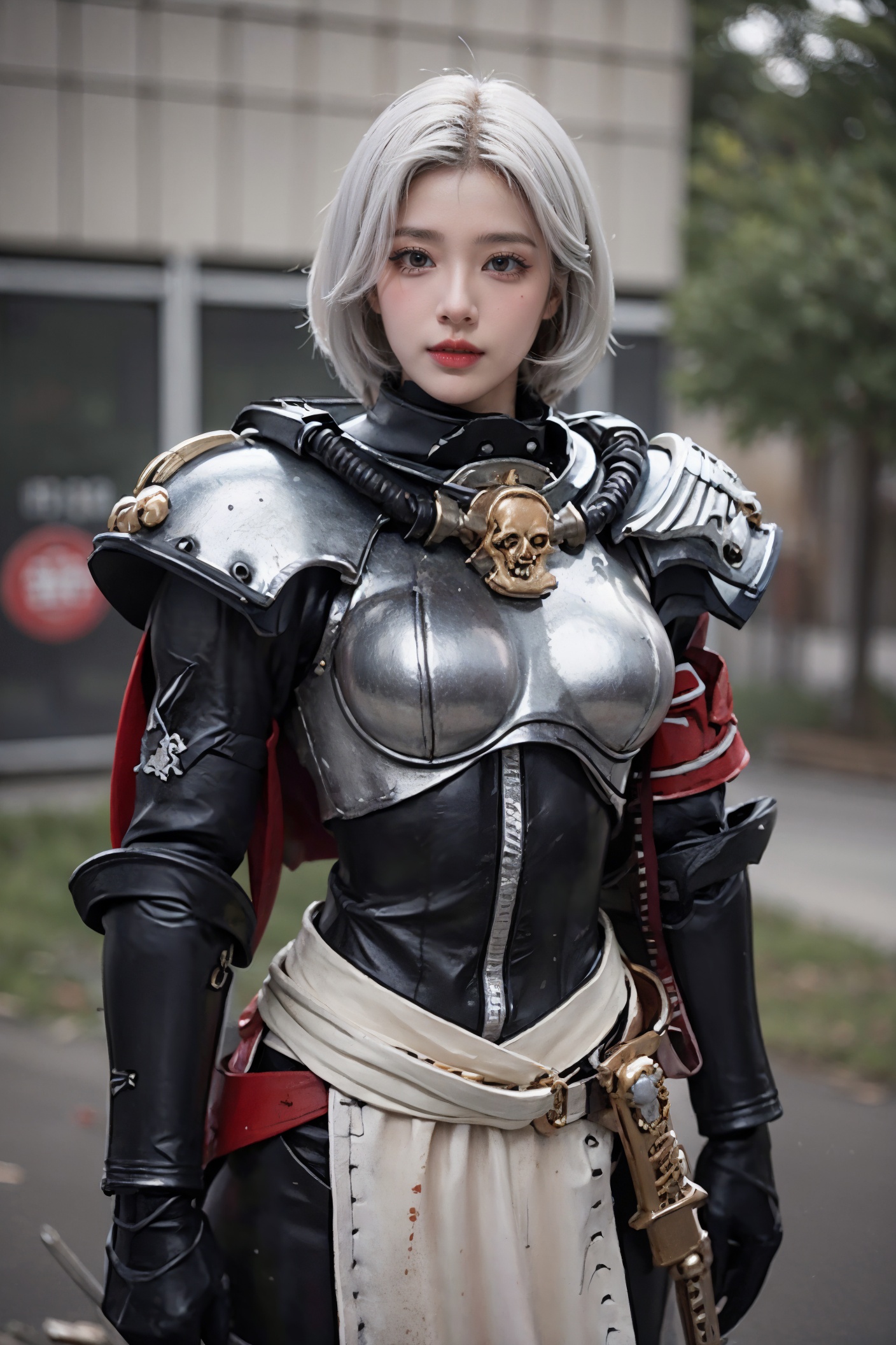 masterpiece,best quality,(photorealistic:1.4),(ultra detailed:1.3),masterpiece,unity 8k wallpaper,pelvic curtain,1girl,Sisters of battle,power armor,solo,skull,shoulder armor,pauldrons,white hair,short hair,boobplate,<lora:Sisters_of_battle-000009:0.7:lbw=TEXT1>,upper body,outdoors,