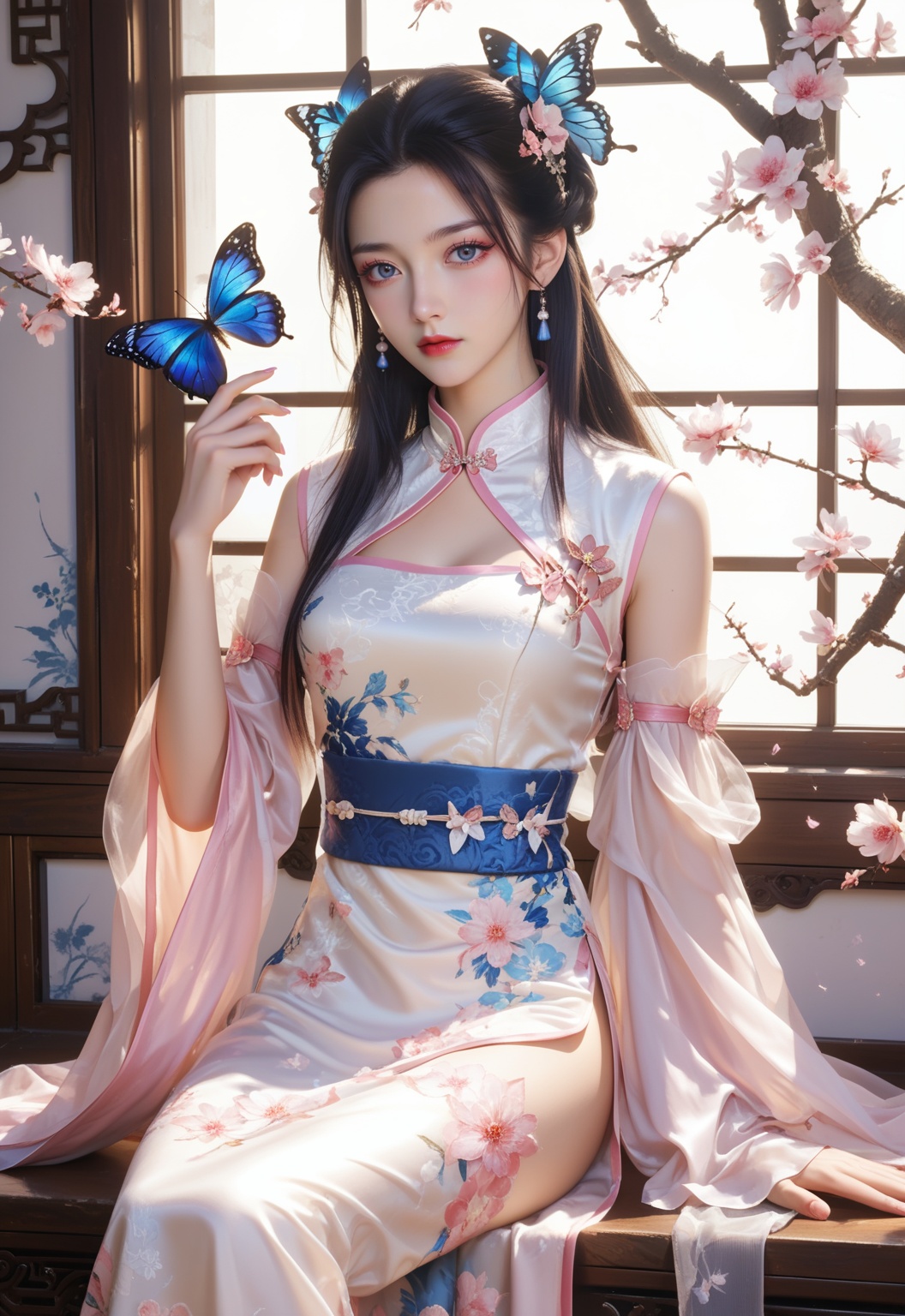 score_9,score_8_up,score_7_up,break,crazy details,sexy,china outfit,looking at viewer,china dress,simple background,1girl,butterfly,dress,solo,window,sitting,branch,flowers,upper body,1girl,solo,,1girl,solo,long hair,blush,dynamic pose,(pink nm style),ambient lighting,