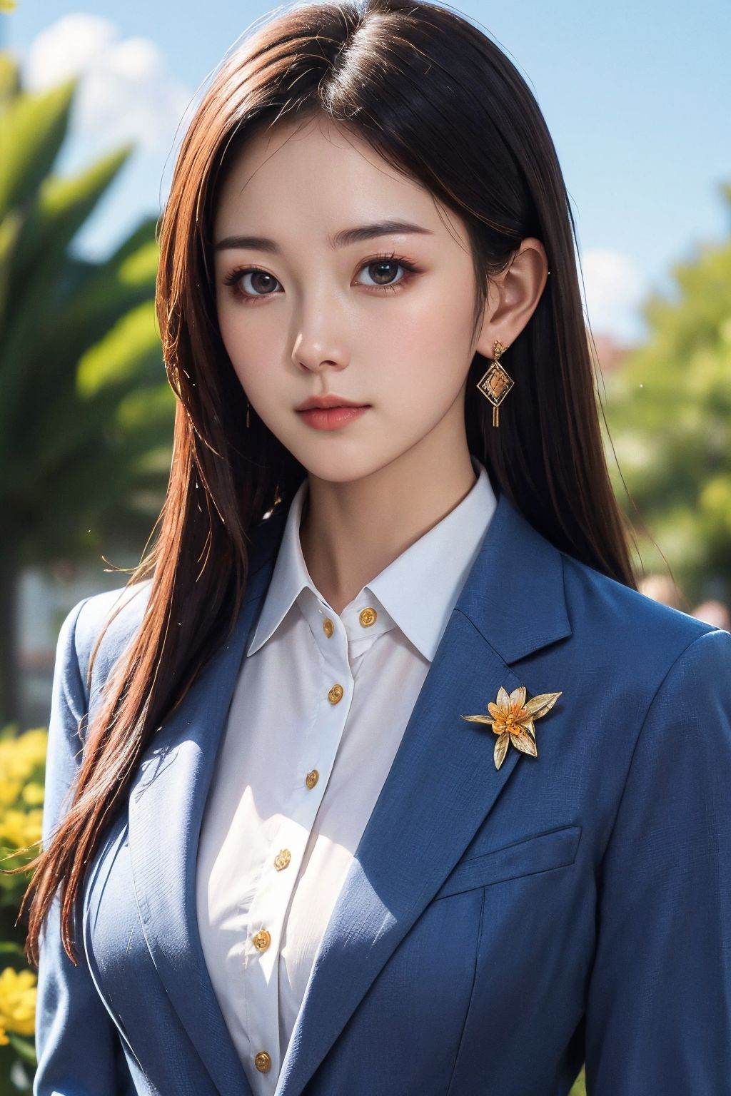1girl, solo, long hair, suit, earrings, sky, flower, closed mouth, looking at viewer, upper body,