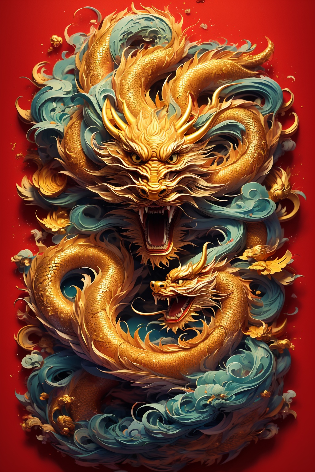 A golden Chinese dragon in the air on the red paper,golden dragon,paper-cut,gold rim,real texture,high quality,masterpiece,