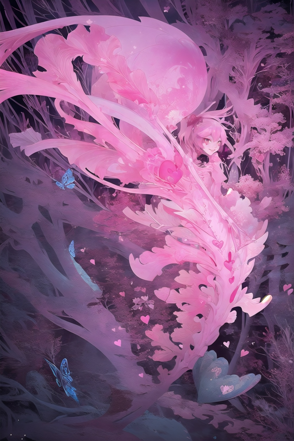 (style\(ukiyoe\):1.2),1girl,(solo:1.1)(pink, heart, love:1.1),translucent skin,wounds,bug,mistery pink forest,morbid,skeleton,bone,evil grin,