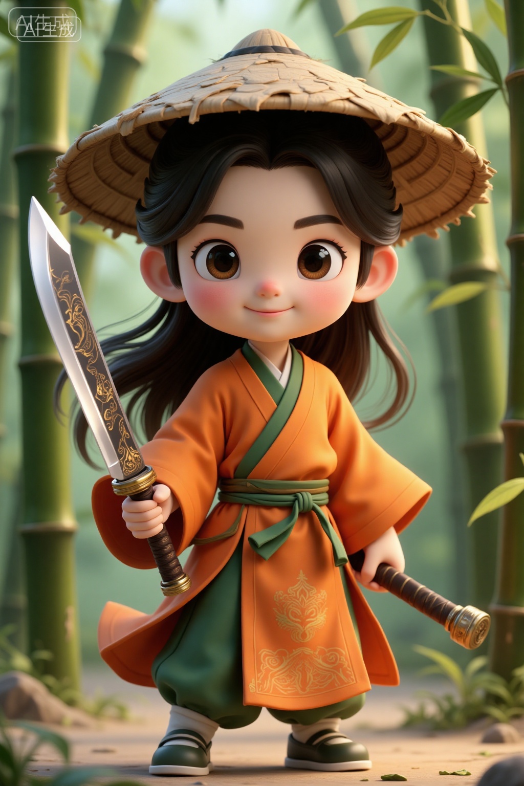 A CGI-rendered,chibi-style digital artwork of a young Asian boy with long black hair,wearing an orange kimono with green accents,holding a detailed katana. He stands in front of bamboo stalks,with a straw hat on his head. The background is blurred,emphasizing the character.,, Negative prompt: ng_deepnegative_v1_75t,(badhandv4:1.2),(worst quality:2),badhandv4,,nsfw, Steps: 20, Sampler: Euler, CFG scale: 3.5, Seed: 1278596716, Size: 1024x1536, Model hash: 8cba4f1ef4, Model: F.1基础算法模型-哩布在线可运行_F.1-dev-fp8.safetensors, Denoising strength: 0, RNG: CPU, Lora 1: 20250906-1757172058930-0005, Lora Hash 1: 441438c536, Lora Weight 1: 0.8, vae_name: automatic
