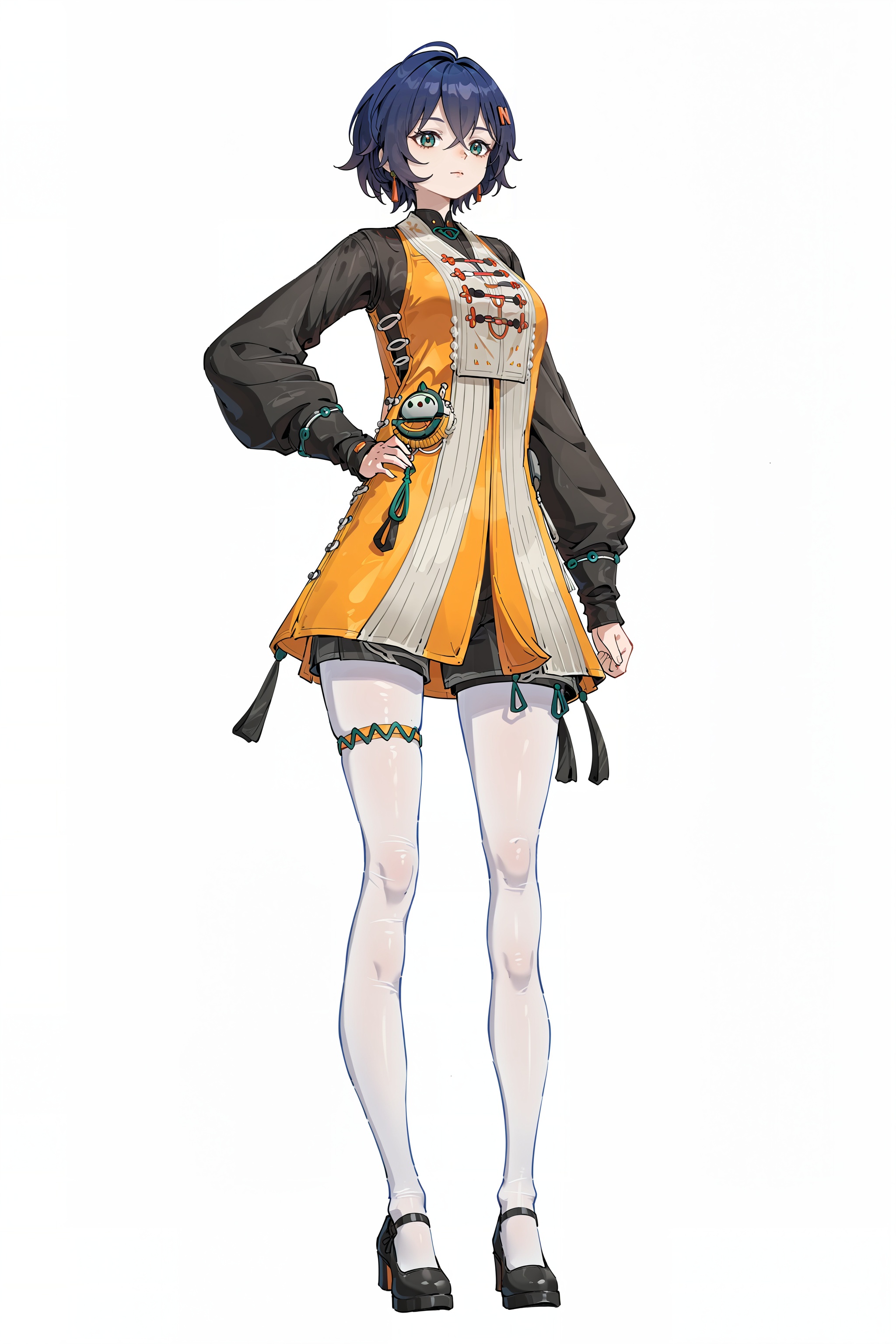 8k,best quality,masterpiece,(ultra-detailed),(high detailed skin),<lora:gunan-ill-Tanger:0.9>,(artist: guomangufeng:1.1),full body,full shot,standing,looking at viewer,(solo:1.2),simple background,(white background:1.2),hand on own hip,(white background:1.1),<lora:zhelinew-ill-Tanger:0.8>,Belle \(Zenless Zone Zero\),Belle alternate costume,clothes: Bellenew chinese yellow dress,dark blue hair,white pantyhose,1girl,black footwear,long black sleeves,short hair,hair ornament,