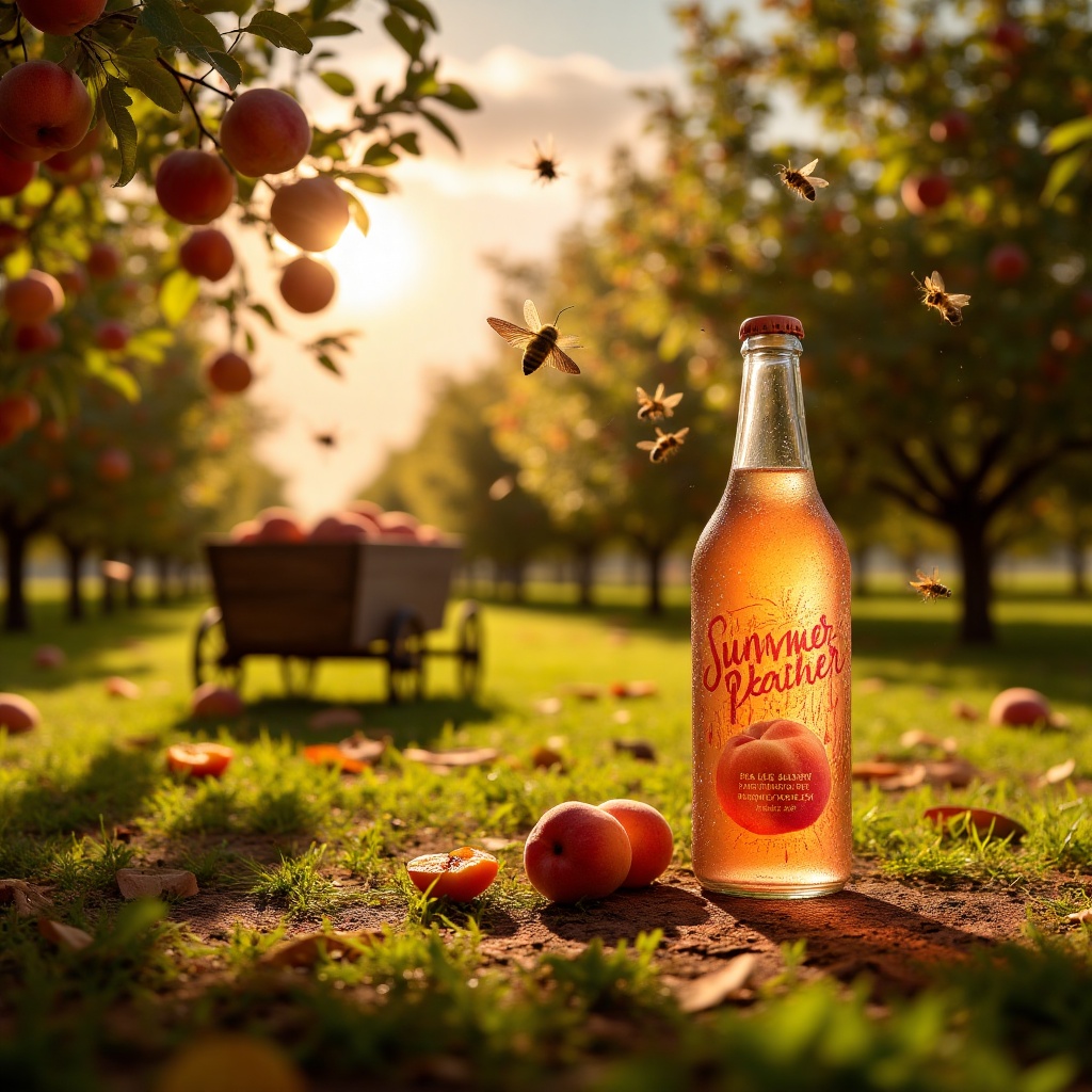 Product Shots,The summer orchard glows with vibrant hues,ripe peaches hang heavy on the branches,bees hum softly in the warm air,and a rustic wooden cart rolls gently down the path,whispering tales of a bountiful season. At the heart of the scene,a bottle of "Summer Peach Nectar" rests on a sunlit patch of grass. Its label shines in juicy peach tones,accented with delicate blossoms and golden drips,embodying the sweetness and vitality of summer. The seamless flow of the production line captures the orchard's finest essence in every bottle,delivering a burst of refreshing flavor and the sun-kissed warmth of the season with every sip.,